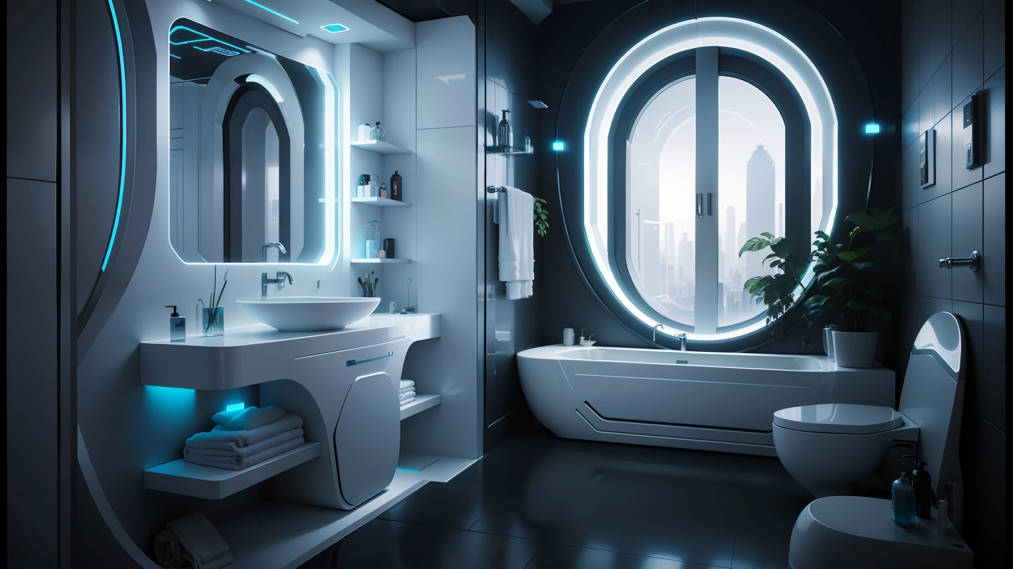 there is a bathroom with a sink, toilet, and bathtub, futuristic decor, futuristic room, cyberpunk apartment, retro futuristic apartment, futuristic. game cg, futuristic interior, futuristic room background, the cyberpunk apartment, futuristic persian palace, futuristic decoration, futuristic ambiance, in a cyberpunk themed room, premium bathroom design, cyberpunk ikea, cyberpunk childrens bedroom, futuristic design --auto --s2