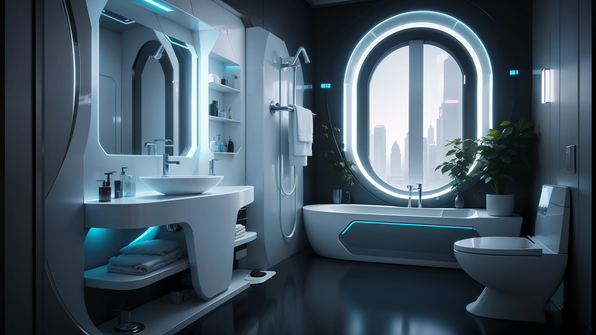 there is a bathroom with a sink, toilet, and bathtub, futuristic decor, futuristic room, cyberpunk apartment, retro futuristic apartment, futuristic. game cg, futuristic interior, futuristic room background, the cyberpunk apartment, futuristic persian palace, futuristic decoration, futuristic ambiance, in a cyberpunk themed room, premium bathroom design, cyberpunk ikea, cyberpunk childrens bedroom, futuristic design --auto --s2