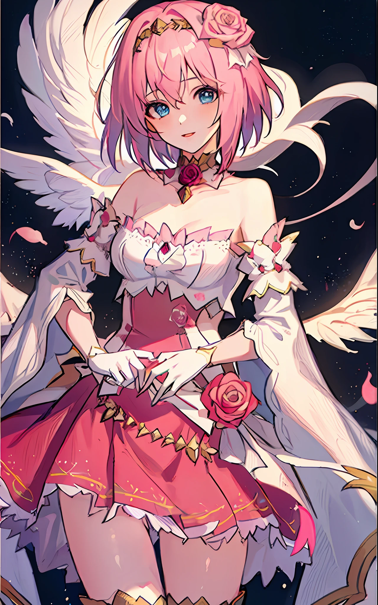 18 year old beautiful girl, masterpiece, best quality, 8K animation, detailed fingers, precise fingers, not unnatural hands, illustration, 1 girl, solo, pink bob cut, gold crown, flower hair ornament, sagging eyes, red mini skirt, YUI