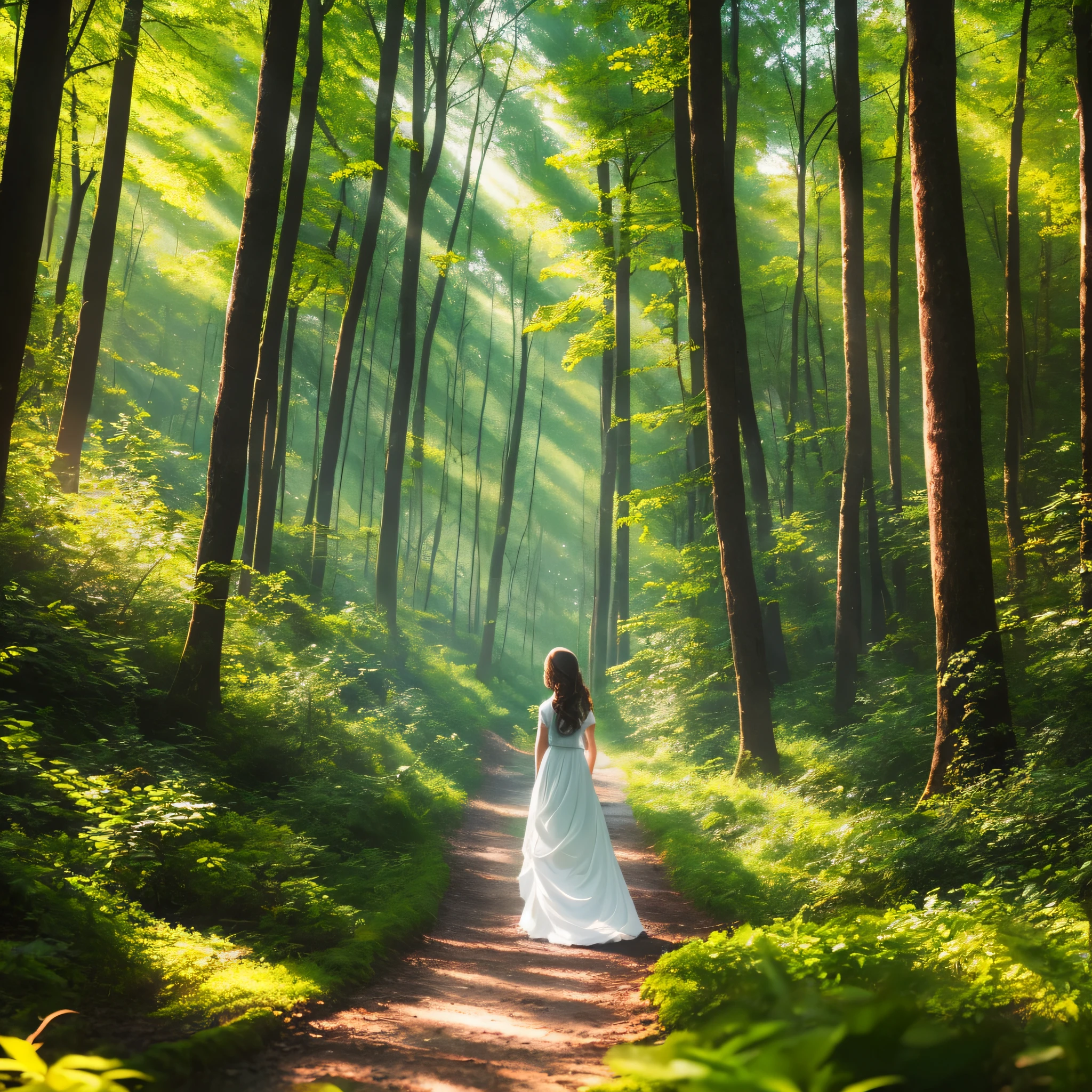 A forest with a mysterious atmosphere
colorful
Beautiful girl in white dress
Sunlight coming in from the back
Image aspect ratio is 16:9 --auto --s2