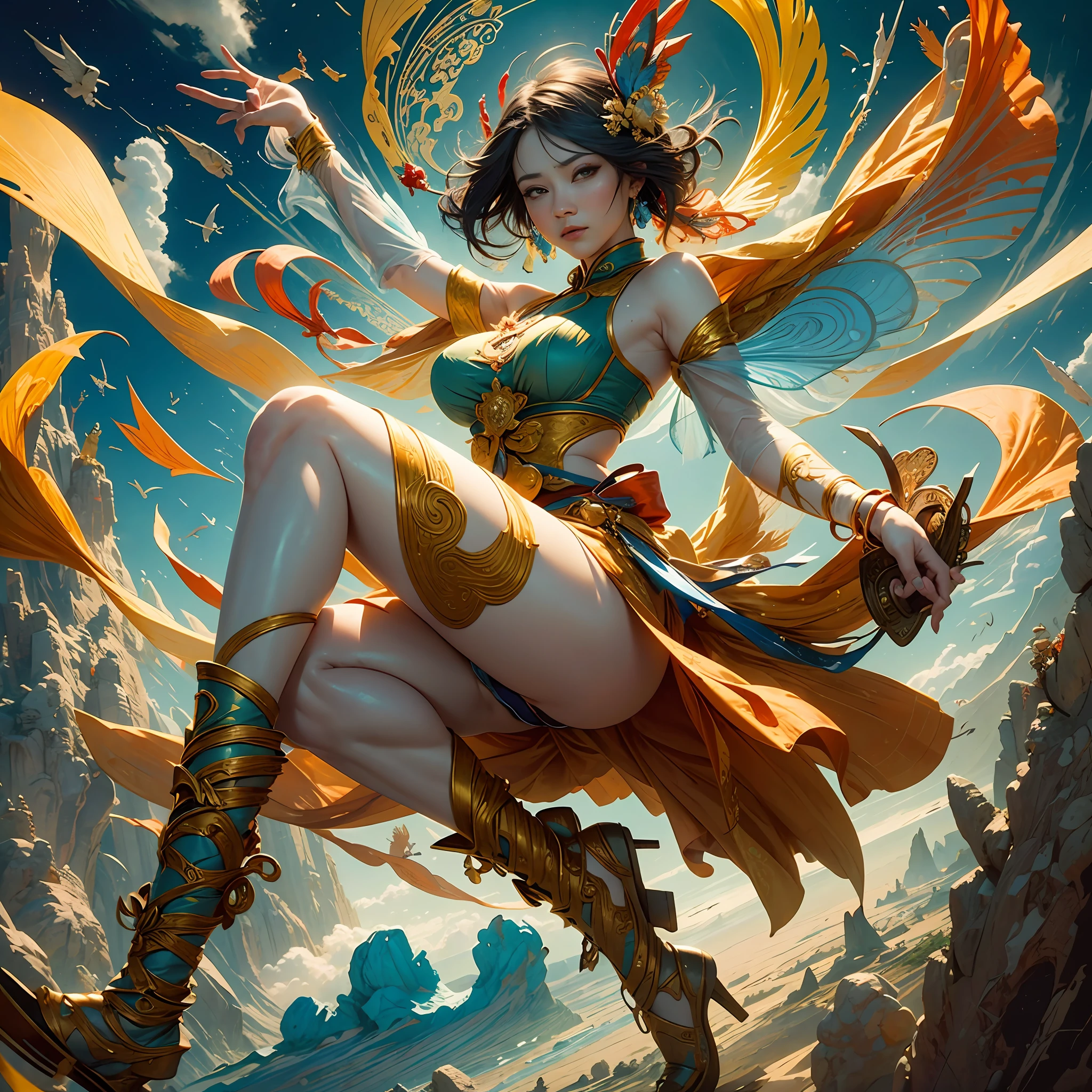 red and yellow and blue tone,A beautiful flying fairy, Chinese, Dunhuang painting style, Dunhuang color scheme, exquisite and perfect facial features, dancing in the air with ribbons floating, with the highest image quality, 8k, and ultra-high details, Made of silk, Made of Chiffon, Full Length Shot(FLS), chinese style, realism, character concept art, rim lights, Global illumination, third-person perspective --auto --s2