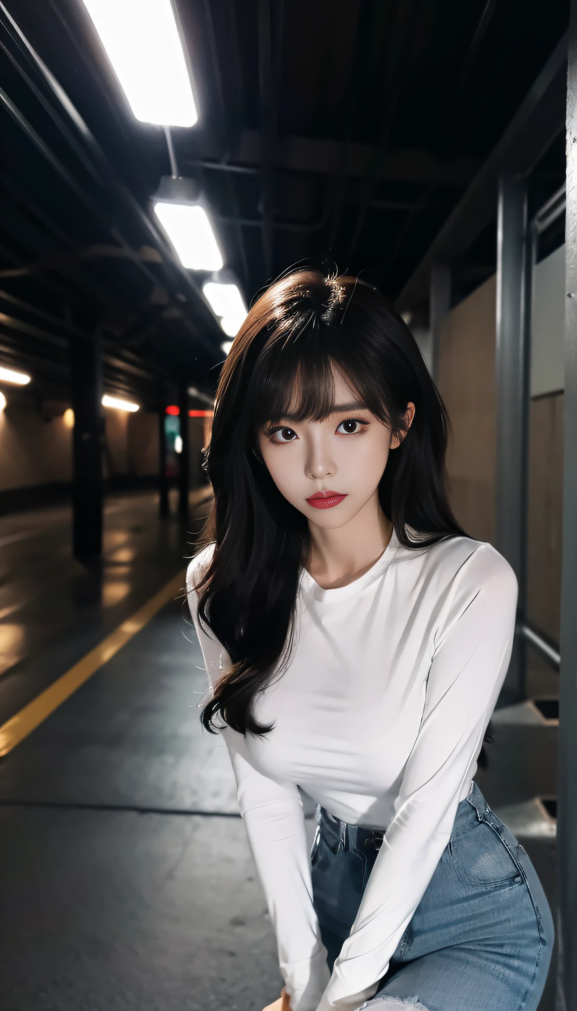A Korean woman in an underground parking lot, fluffy hair, delicate face, realistic, real, large aperture, wearing black pantyhose, top in white tight shirt, slim,