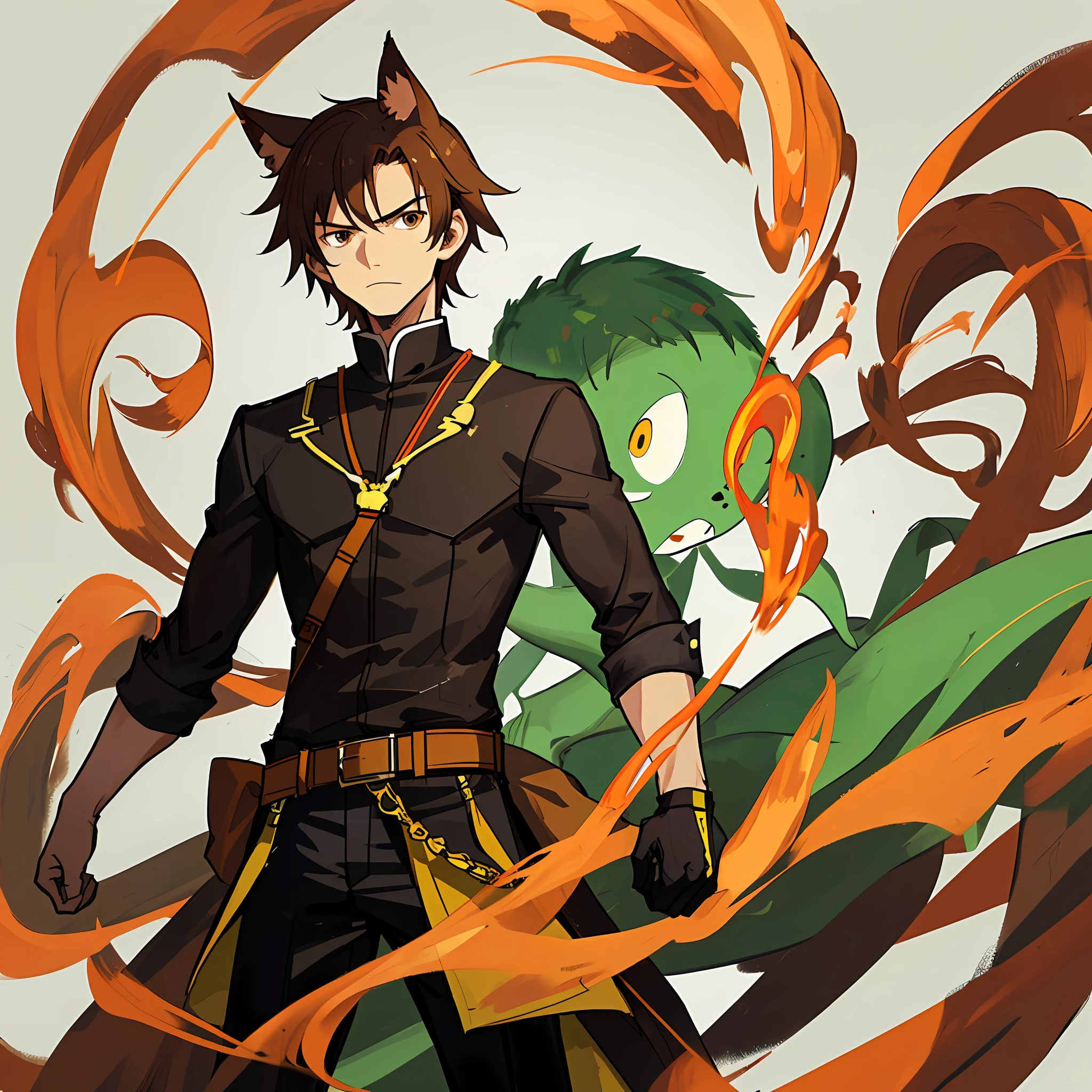 Minimal design, flat color, flat illustration, simple background, man in his 20s, brown short hair, kiva, beastman, brown dog ears, tall stature, glaring at the front