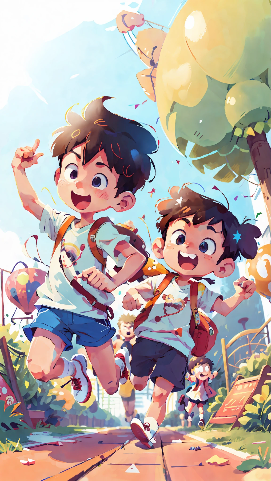 (SFW), anime vector, outlined, two running boys, amusement park, holding balloons, happy, on white background, plain bacground, perfect quality, clear focus, colorful, perfect face, intricate details, ultra-low viewing angle, wide angle lens --v 6