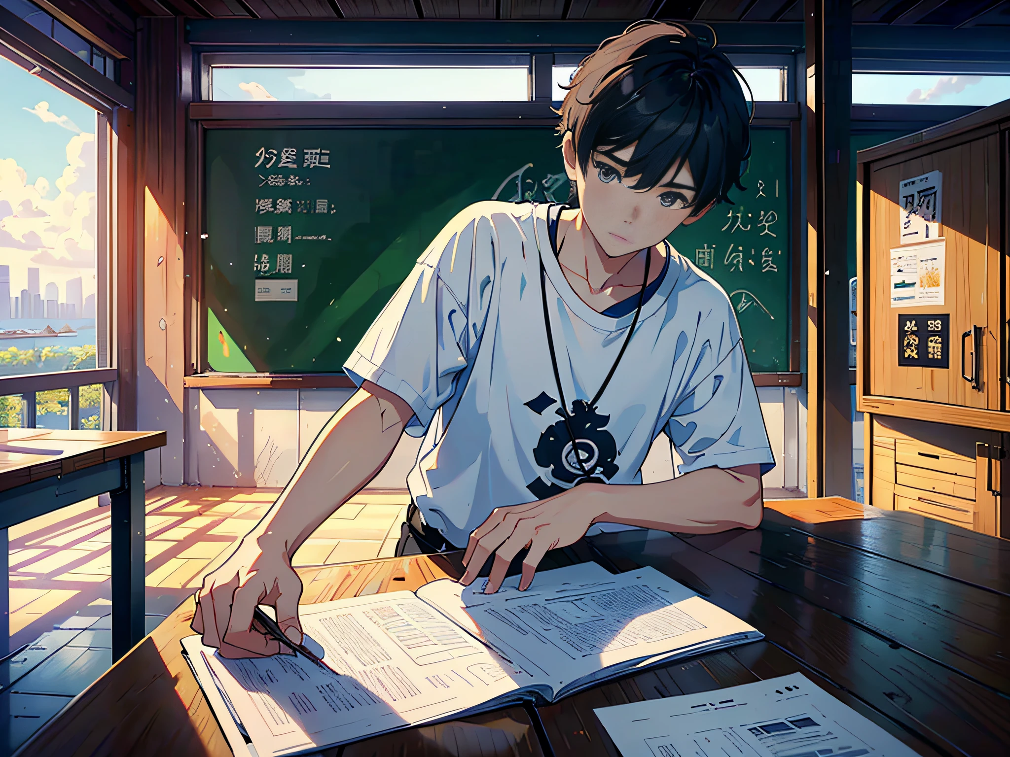 In the campus classroom, a boy sits in the classroom, boy, male classmate, hand holding paper, (hand picking up paper 1.8), this male student wearing a white T-shirt, short black hair, disappointed expression, the camera is mainly featured on the upper body, in the Loepfe art style ((New Sea City), popular in CGStation, Shin Hai Cheng H 2160, inspired by Bian Shoumin, Xinhai Cheng, Kavasi, Guwitz style, high quality pictures, 4K, 8K, resolution