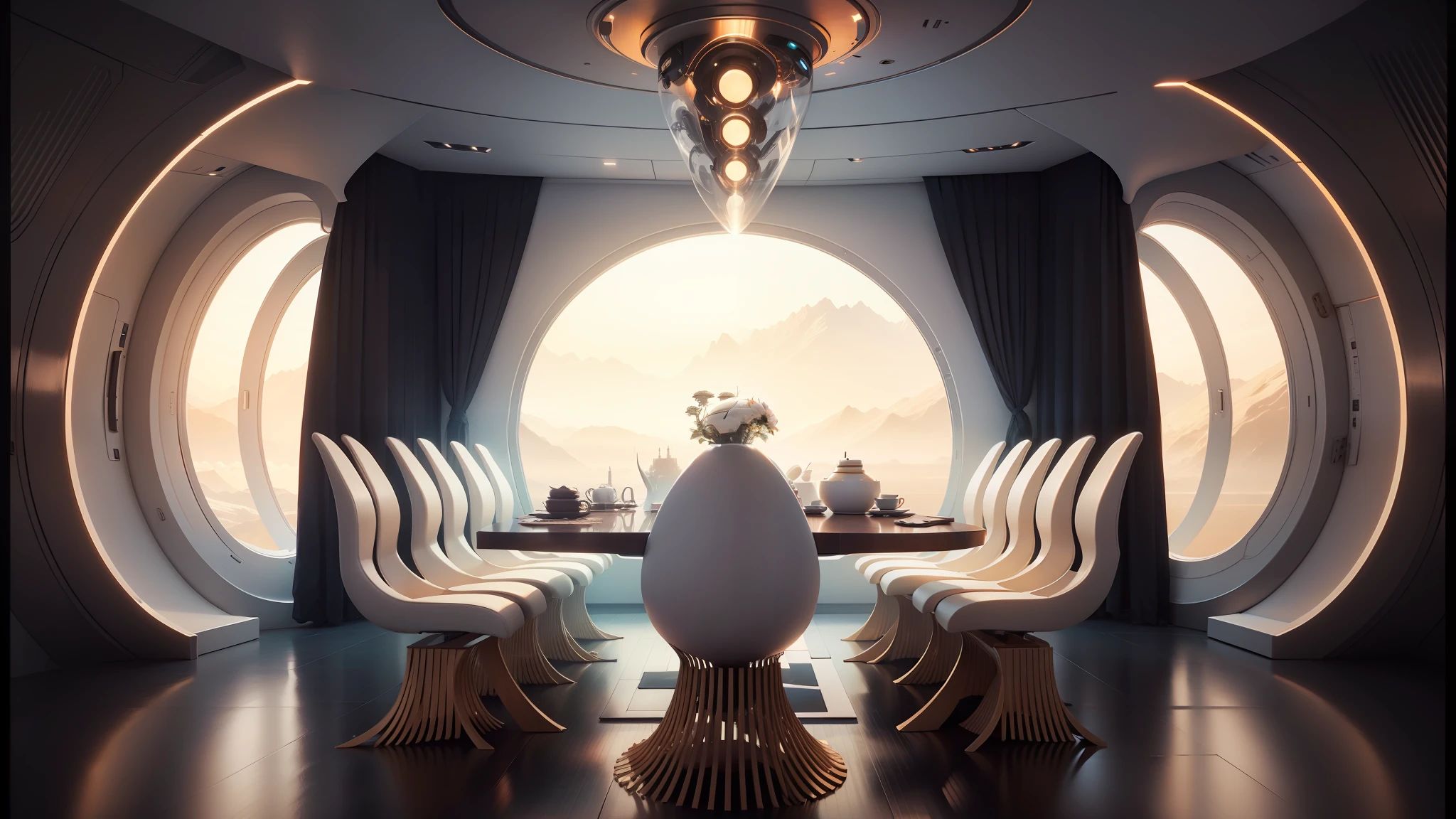 there is a large table with chairs and a large egg on it, futuristic interior, spaceship interior, high tech space ship interior, cgsociety 9, detailed spaceship interior, from a 2 0 1 9 sci fi 8 k movie, futuristic. game cg, futuristic decor, interior of an alien spaceship, sci - fi interior, solarpunk cantine, jessica rossier color scheme --auto --s2