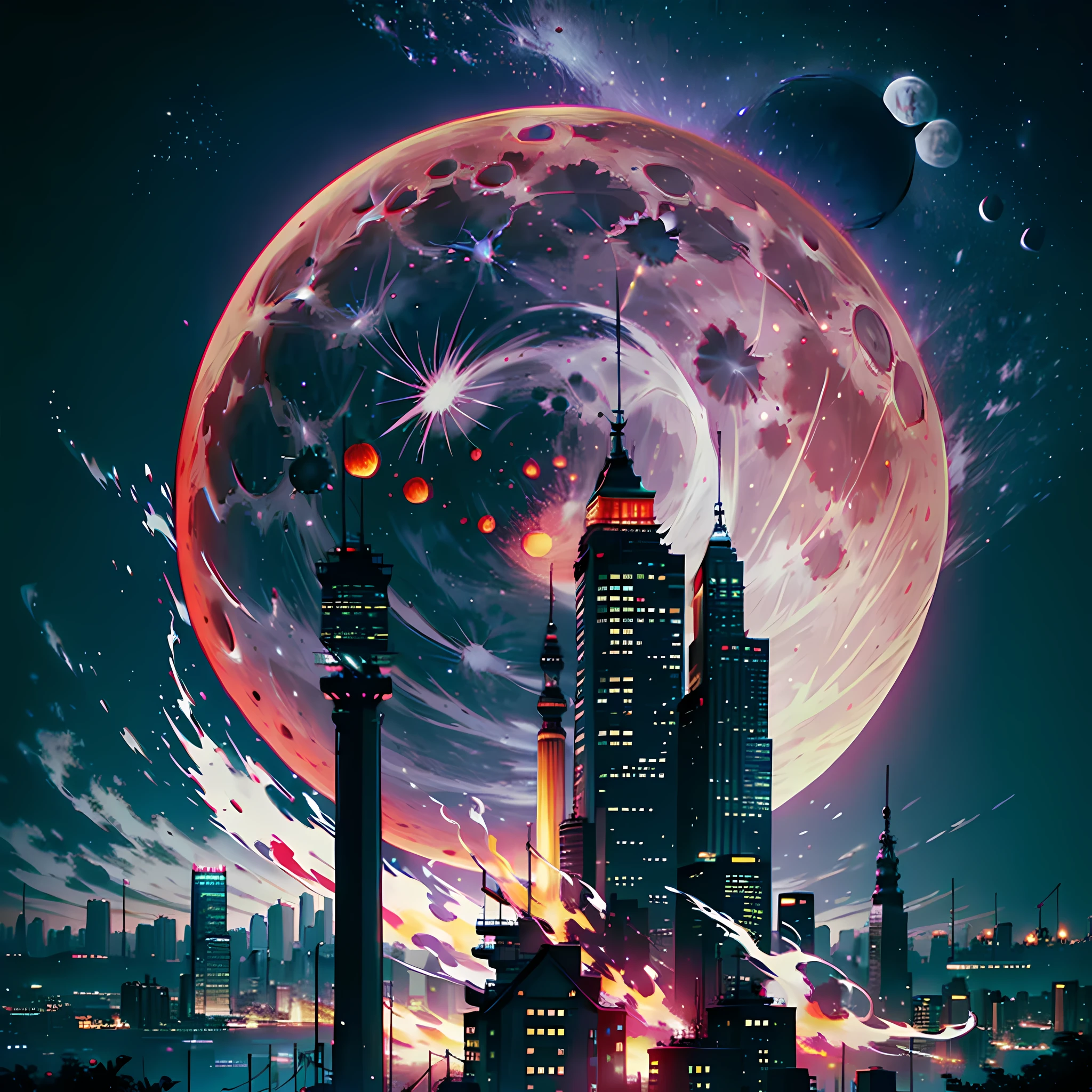 Pitch black night over the city, two moons in the sky, a red moon next to a full moon, bad premonitions, scenery, no human, there is energy flow, highly real, 4K, chiaroscuro, super high detail waiting to start