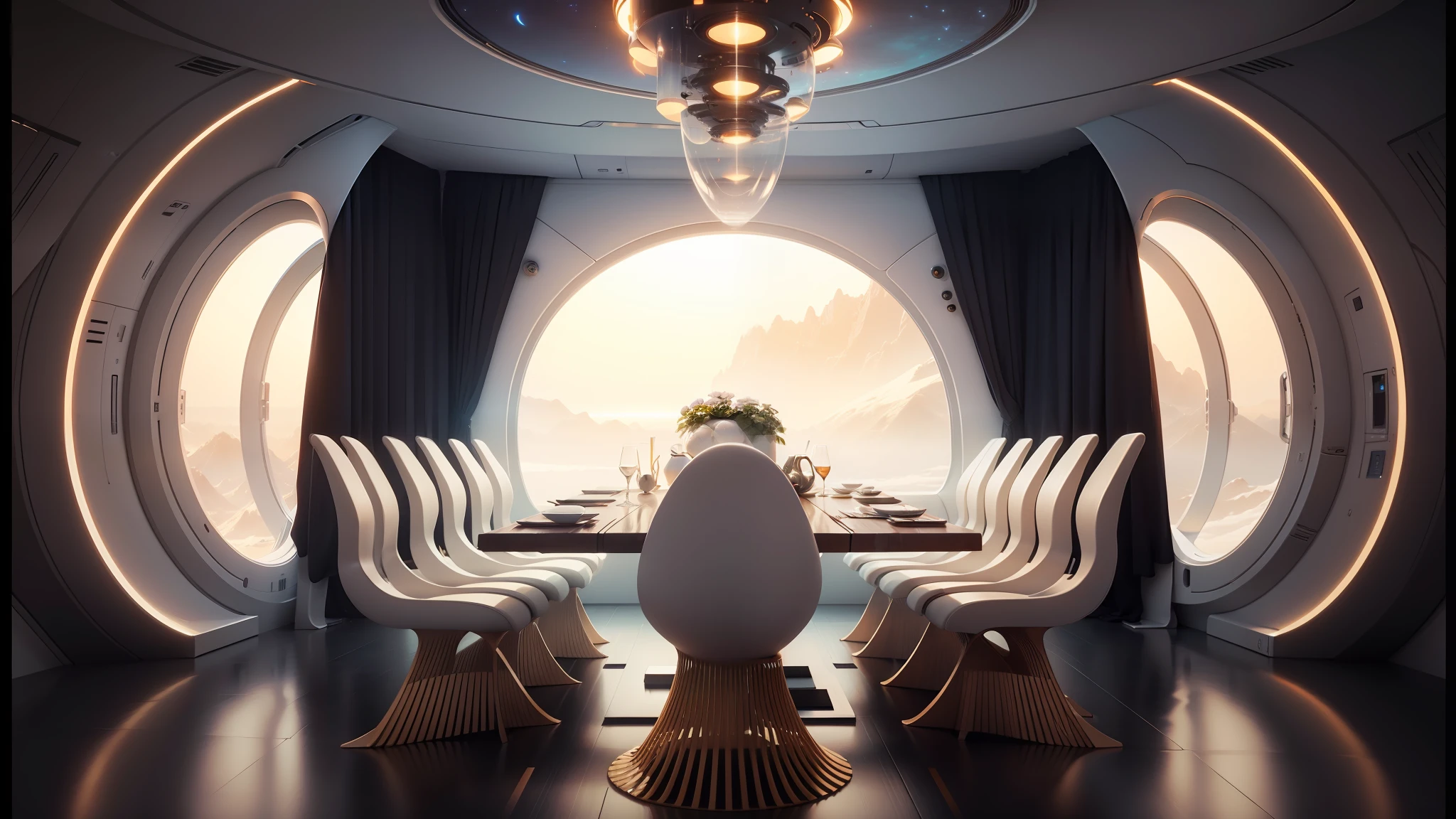 there is a large table with chairs and a large egg on it, futuristic interior, spaceship interior, high tech space ship interior, cgsociety 9, detailed spaceship interior, from a 2 0 1 9 sci fi 8 k movie, futuristic. game cg, futuristic decor, interior of an alien spaceship, sci - fi interior, solarpunk cantine, jessica rossier color scheme --auto --s2