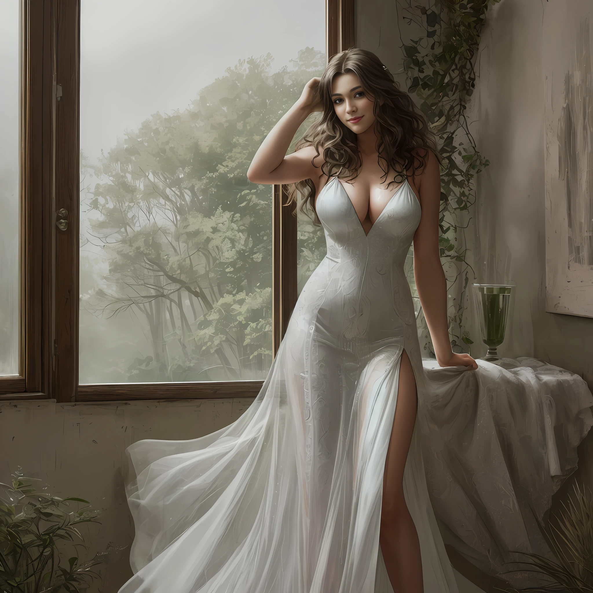 masterpiece, best quality, ultra realistic, hyper-detailed, 8k resolution, RAW photo, (1girl), solo, smile, gorgeous face, perfect body, mature female, 30yo, slip dress, sexy, messy hair, waist high portrait, at the window, sun light, posing like model, posing for photo