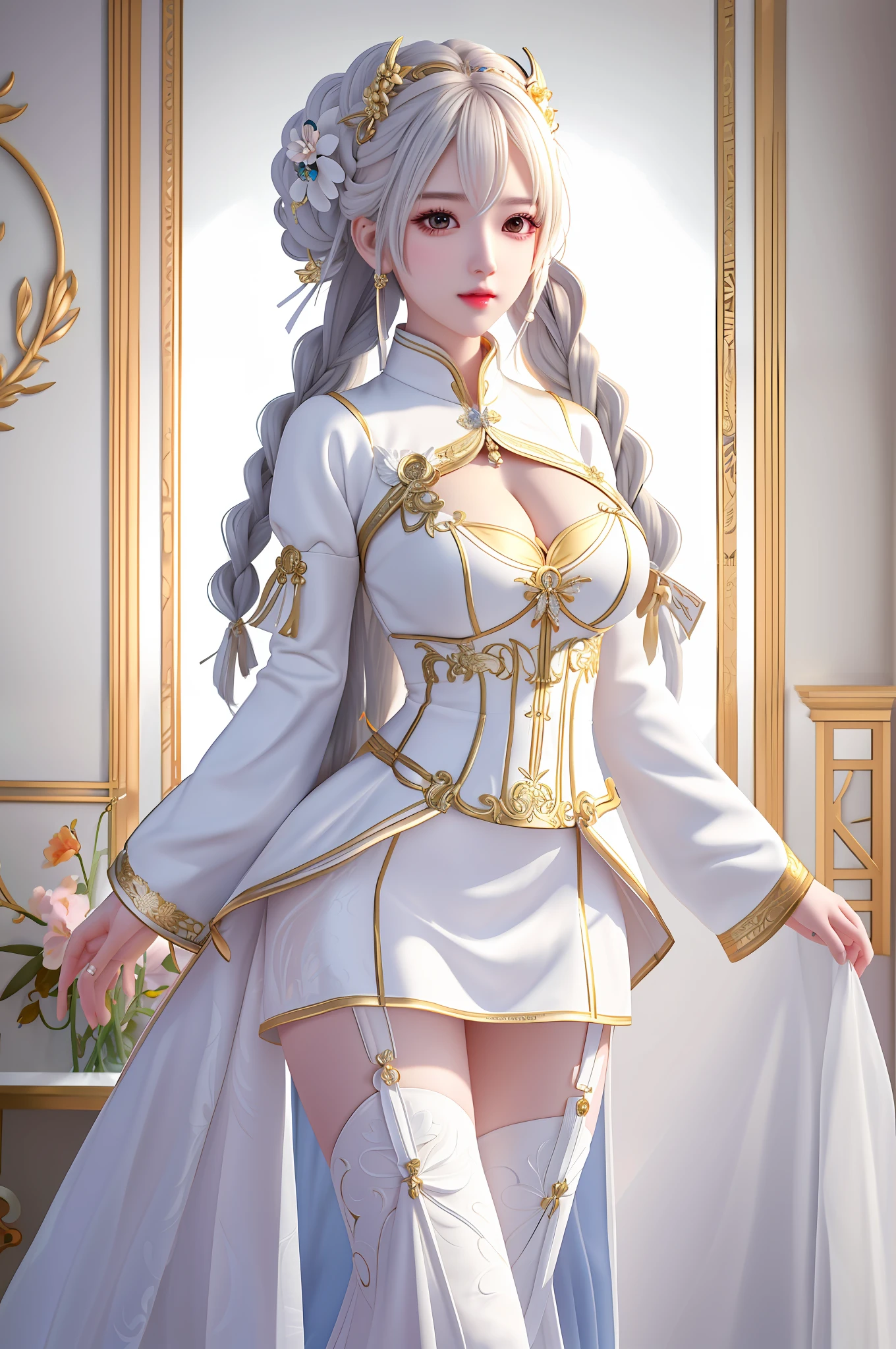 An Idol k-pop girl, cute girl, sexy girl, braid hair, white colored hair, intricate face details, detailed face, golden ratio face, big breast, big butt, big hip, big thighs, full body, 64K, UHD, HDR, high quality, high detailed, hyper detailed, photo realistic, ultra realistic, art photo, clarify the details, detailed parts body, intricate artwork masterpiece, trending on art-station