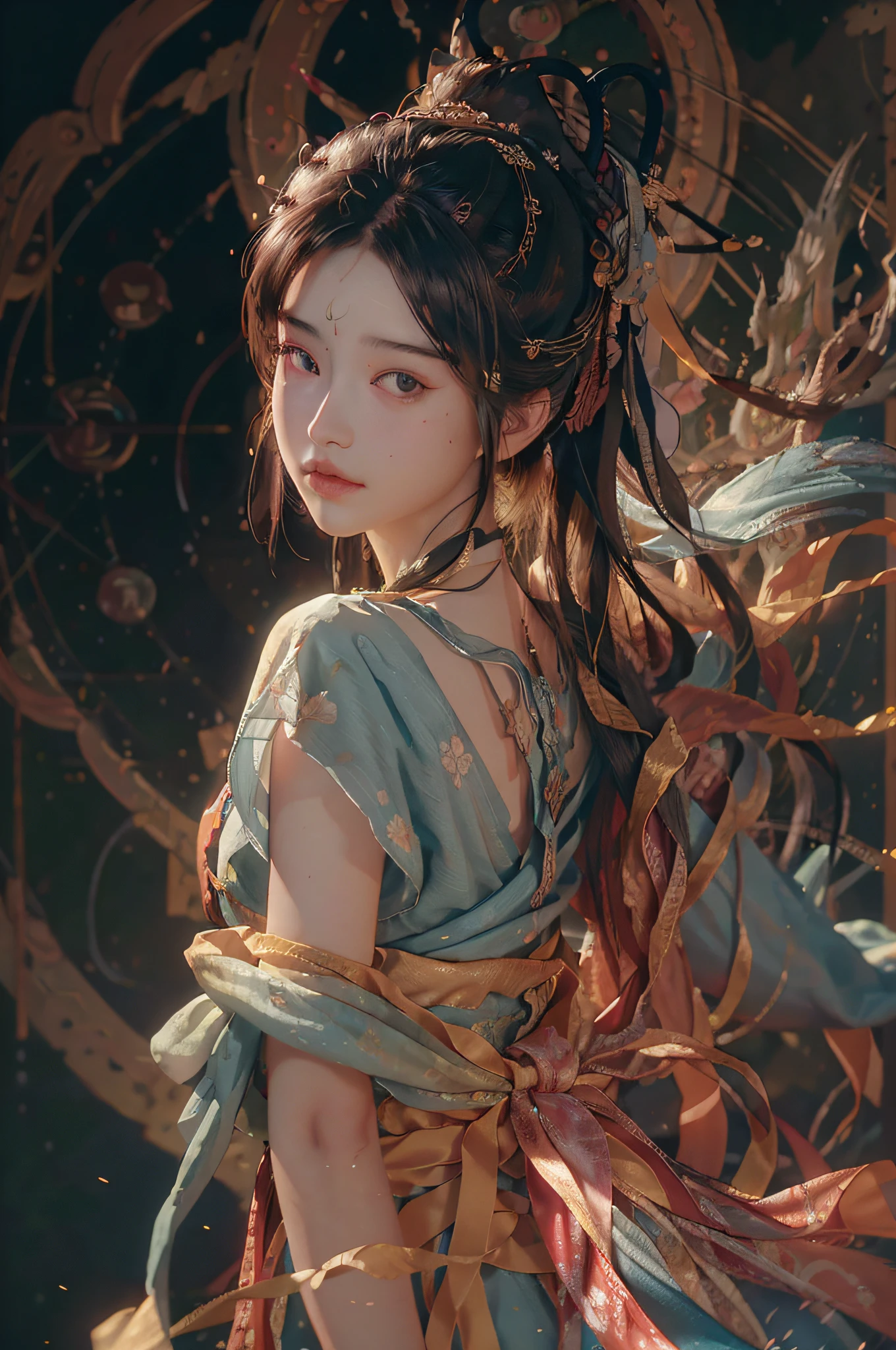 (RAW photo, best quality), (realistic, photo-realistic:1.3),best quality,highly detailed,masterpiece,ultra-detailed,illustration,1girl,upper_body,dynamic angle,world masterpiece theater,messy_long_hair,best quality,extremely detailed CG unity 8k wallpaper,ink,Amazing,cinematic lighting,lens_flare, dunhuang_style