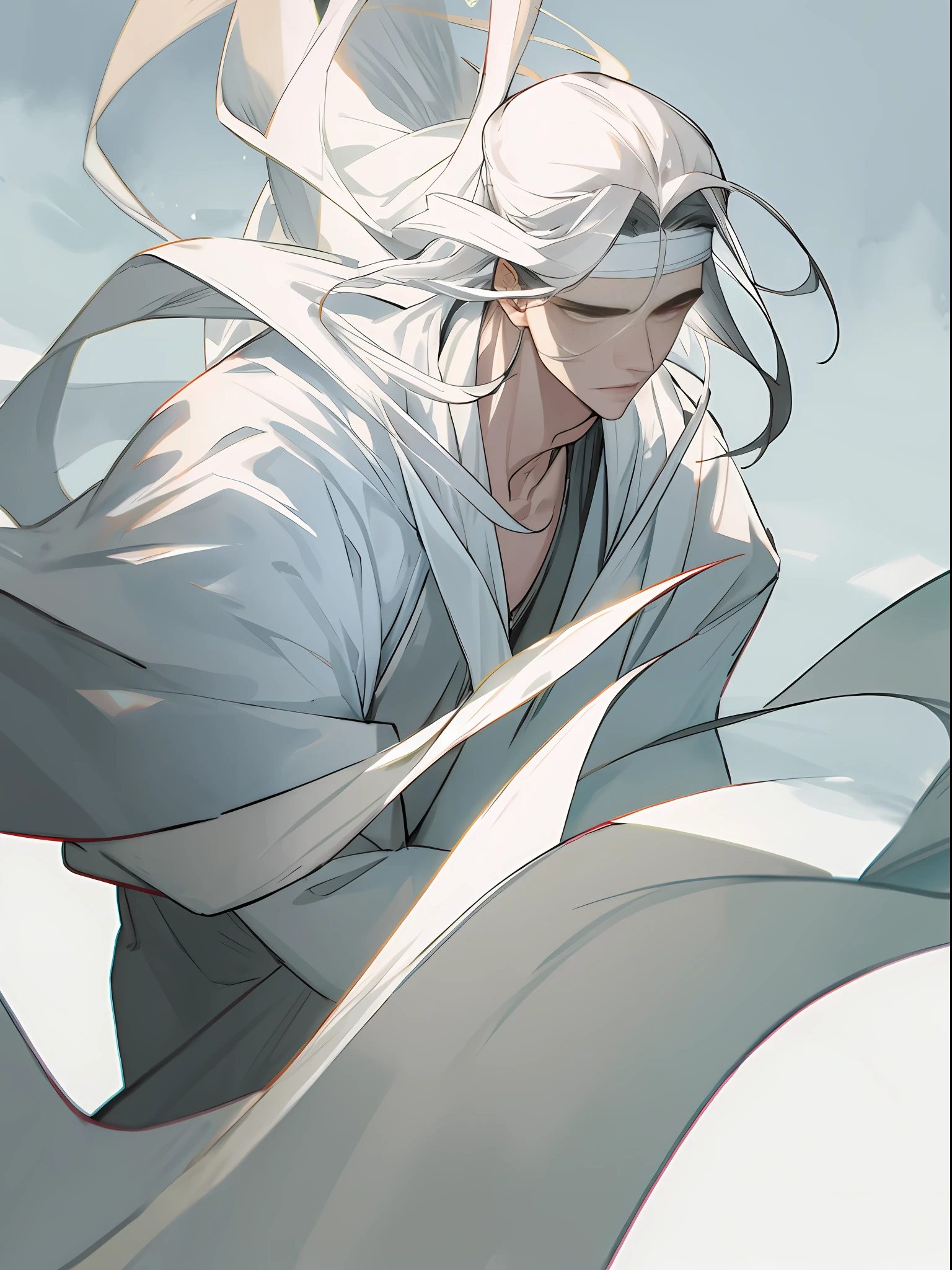 (A blind cool sense of beautiful young man wearing white clothes), flowing sleeves, big watery eyes, (blinded folded,white blindfolded), beautiful face and smooth white skin, delicate face, fluttering black hair, an ancient Chinese handsome guy, wearing ancient Chinese clothing, flowing tulle, light silk,(clean background), ink painting style, clean color, decisive cutting, blank, freehand, masterpiece, super detailed, epic composition, high quality, the highest quality, 4k