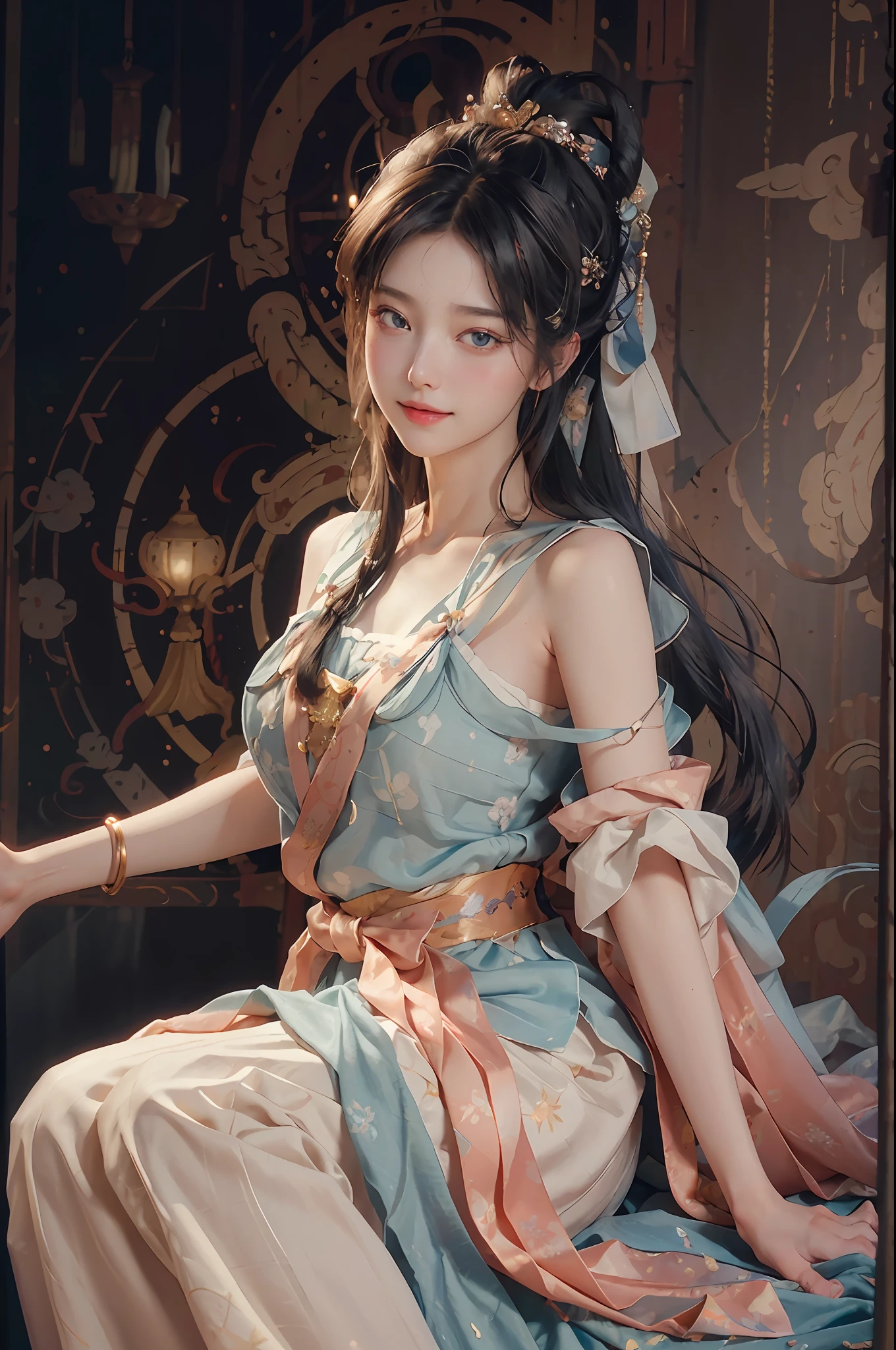 (RAW photo, best quality), (realistic, photo-realistic:1.3), best quality, highly detailed, masterpiece, ultra-detailed, illustration, a maid, photo, freehand style, silk bun, plain makeup, plain decoration, blue and white porcelain mirror, silk curtain, copper lamp, Tai Shi chair, master work A beautiful girl, the most beautiful big eyes, Hanfu, delicate facial features, blush, smile, antique style, no shoulders, beauty, long hair, cute beauty, dynamic angle, world mastery theater, messy_long_hair, best quality, extremely detailed CG unity 8k wallpaper, ink, amazing, movie lighting, lens_ flare,dunhuang_style