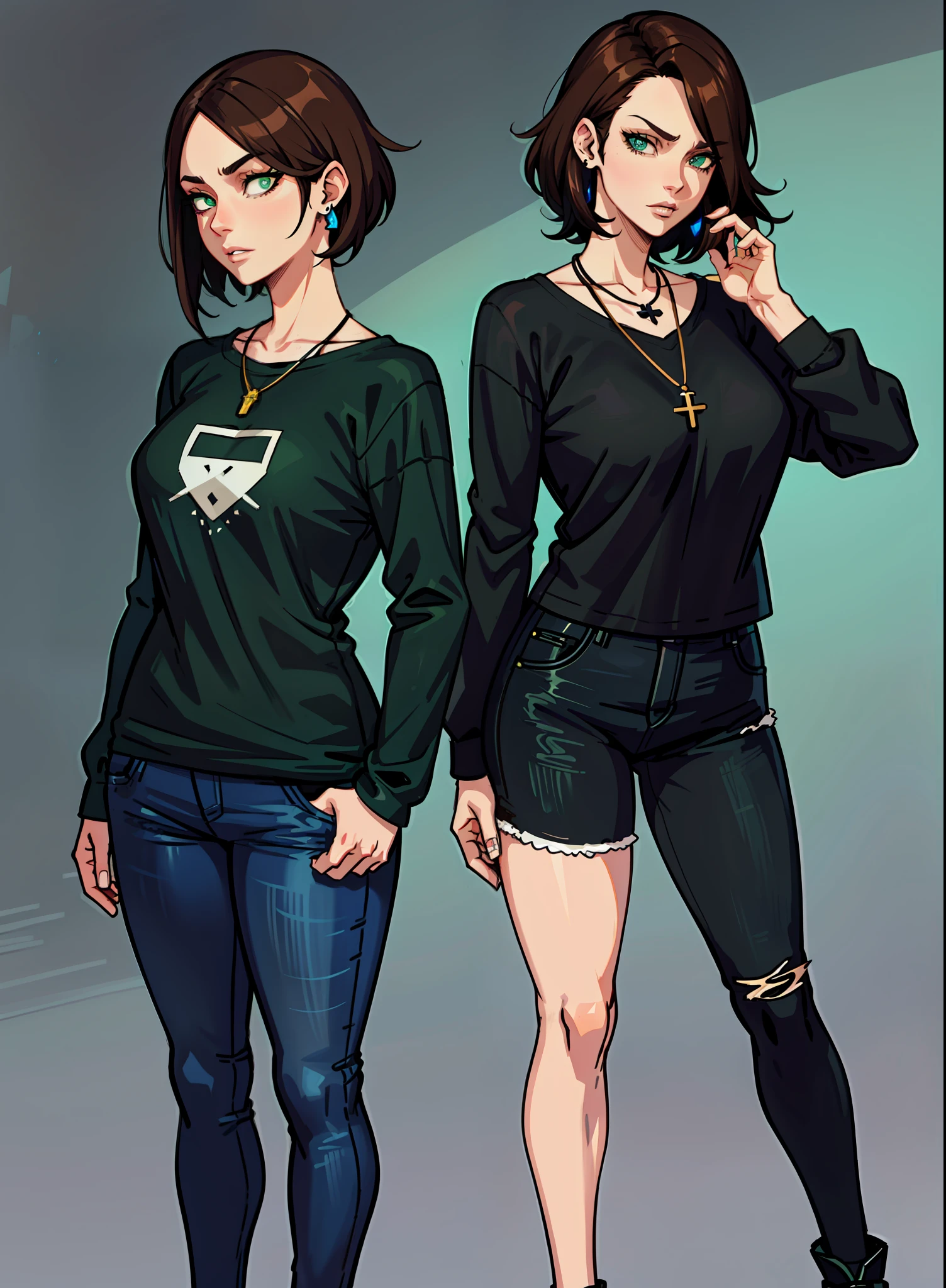 anime character of a woman with a black shirt longsleeve and blue jeans, short brown hair, neck length, green eyes, a digital painting inspired by Tomer Hanuka, trending on pixiv, serial art, heavy gesture style closeup, full body details, wearing casual clothes, style anime, anime style hyper detailed, anime style character, striking detailed artstyle, realistic artstyle, clean detailed anime style, modern anime style, Brown Hair, BLACK SHIRT, BLACK CLOTHING, necklace, earings