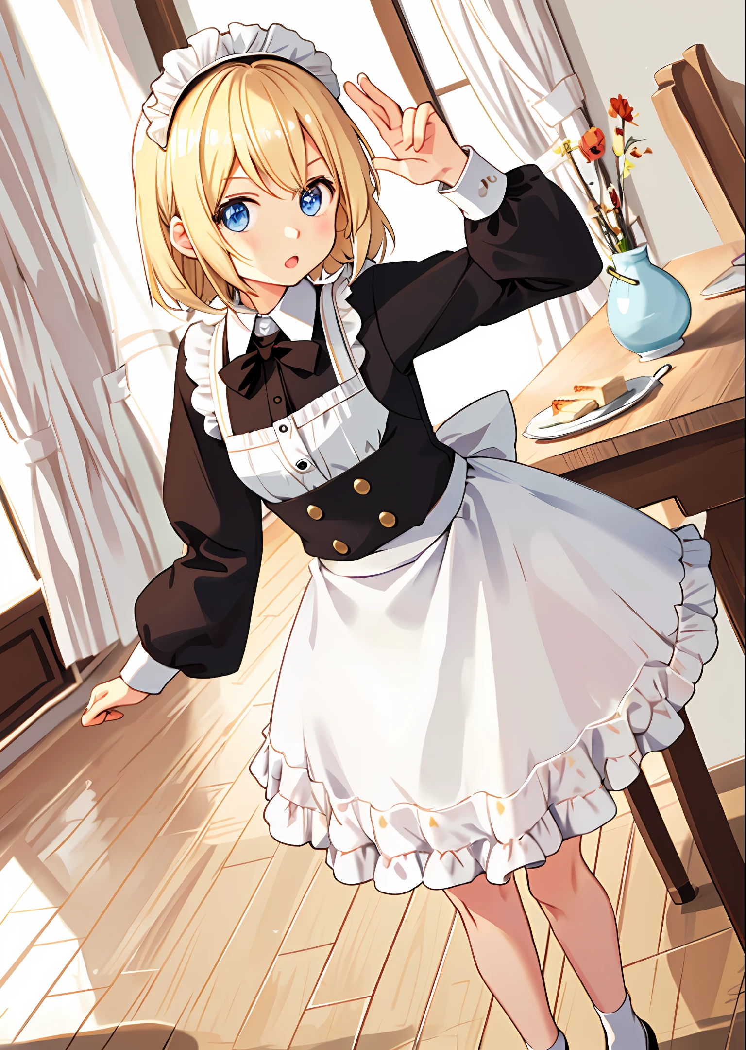 blonde li, maid outfit, blue eyes, surprised expression, positive perspective,