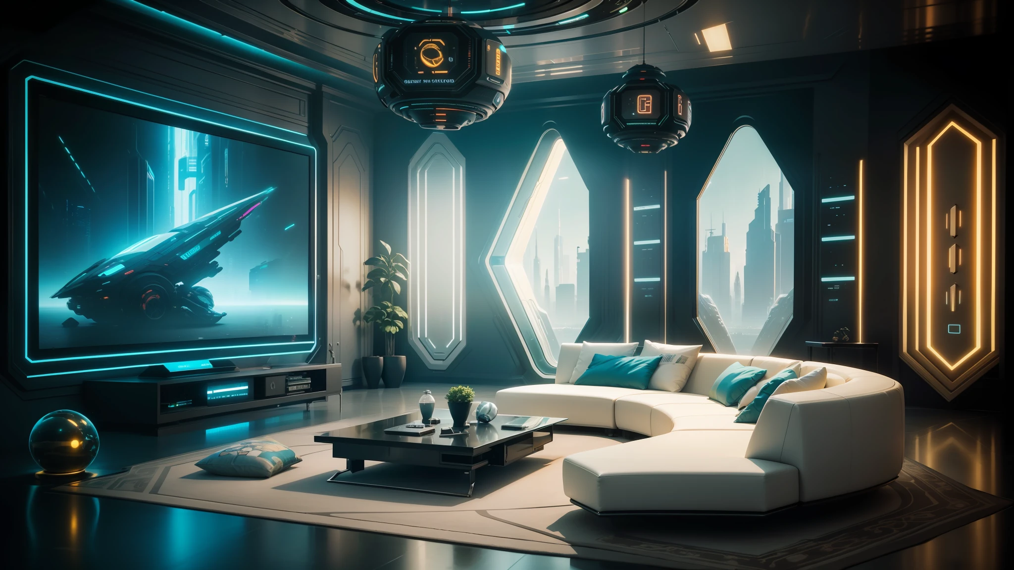 a brightly lit living room with a large screen tv and a large couch, futuristic looking living room, futuristic room background, futuristic room, futuristic interior, cyberpunk apartment, futuristic decor, retro futuristic apartment, the cyberpunk apartment, sci - fi interior, futuristic decoration, in a cyberpunk themed room, futuristic persian palace, sci fi engine room living room, futuristic. game cg --auto --s2