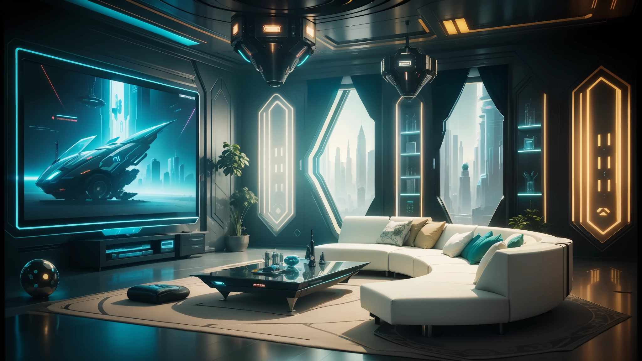 a brightly lit living room with a large screen tv and a large couch, futuristic looking living room, futuristic room background, futuristic room, futuristic interior, cyberpunk apartment, futuristic decor, retro futuristic apartment, the cyberpunk apartment, sci - fi interior, futuristic decoration, in a cyberpunk themed room, futuristic persian palace, sci fi engine room living room, futuristic. game cg --auto --s2