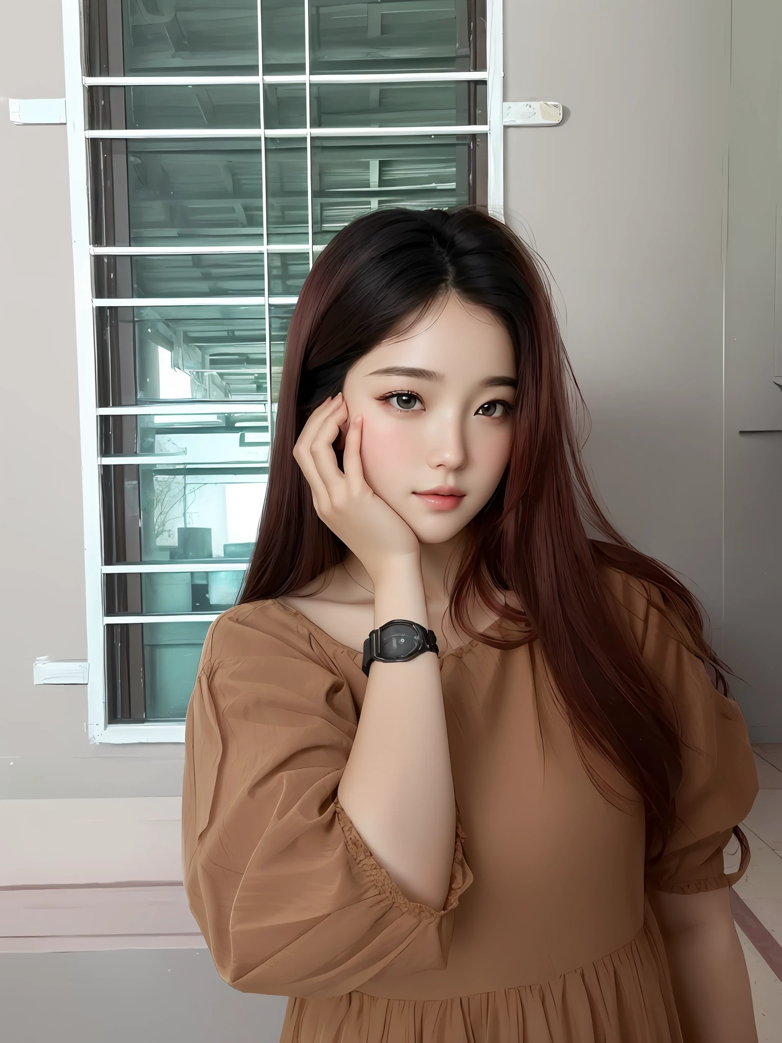 absurdres, 1girl, star eye, blush, (realistic:1.5), (masterpiece, Extremely detailed CG unity 8k wallpaper, best quality, highres:1.2), (ultra_detailed, UHD:1.2), (pixiv:1.3), perfect illumination, distinct, (bishoujo:1.2), looking at viewer, unreal engine, sidelighting, perfect face, detailed face, beautiful eyes, pretty face, (bright skin:1.3), idol, (abs), ulzzang-6500-v1.1, soft smile, upper body, (dark red hair), (simple background), ((dark background)), (depth of field), close-up, selfie