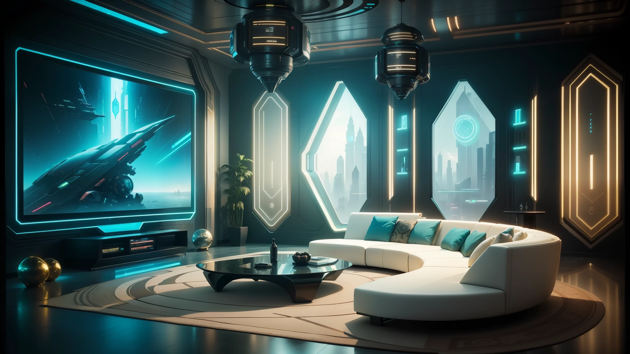 a brightly lit living room with a large screen tv and a large couch, futuristic looking living room, futuristic room background, futuristic room, futuristic interior, cyberpunk apartment, futuristic decor, retro futuristic apartment, the cyberpunk apartment, sci - fi interior, futuristic decoration, in a cyberpunk themed room, futuristic persian palace, sci fi engine room living room, futuristic. game cg --auto --s2