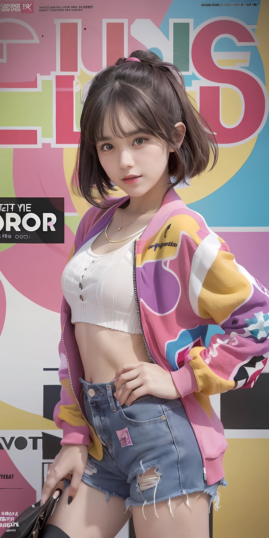 1girl, sfw, cap, shorts, jacket, (Magazine cover-style illustration of a fashionable woman in vibrant outfit posing in front of a colorful and dynamic background. She has a confident expression and is striking a pose. The text on the cover should be bold and attention-grabbing, with the title of the magazine and a catchy headline. The overall style should be modern and trendy, with a focus on fashion and lifestyle), wallpaper, crowds, fashion, contrapposto, female focus, model, cool