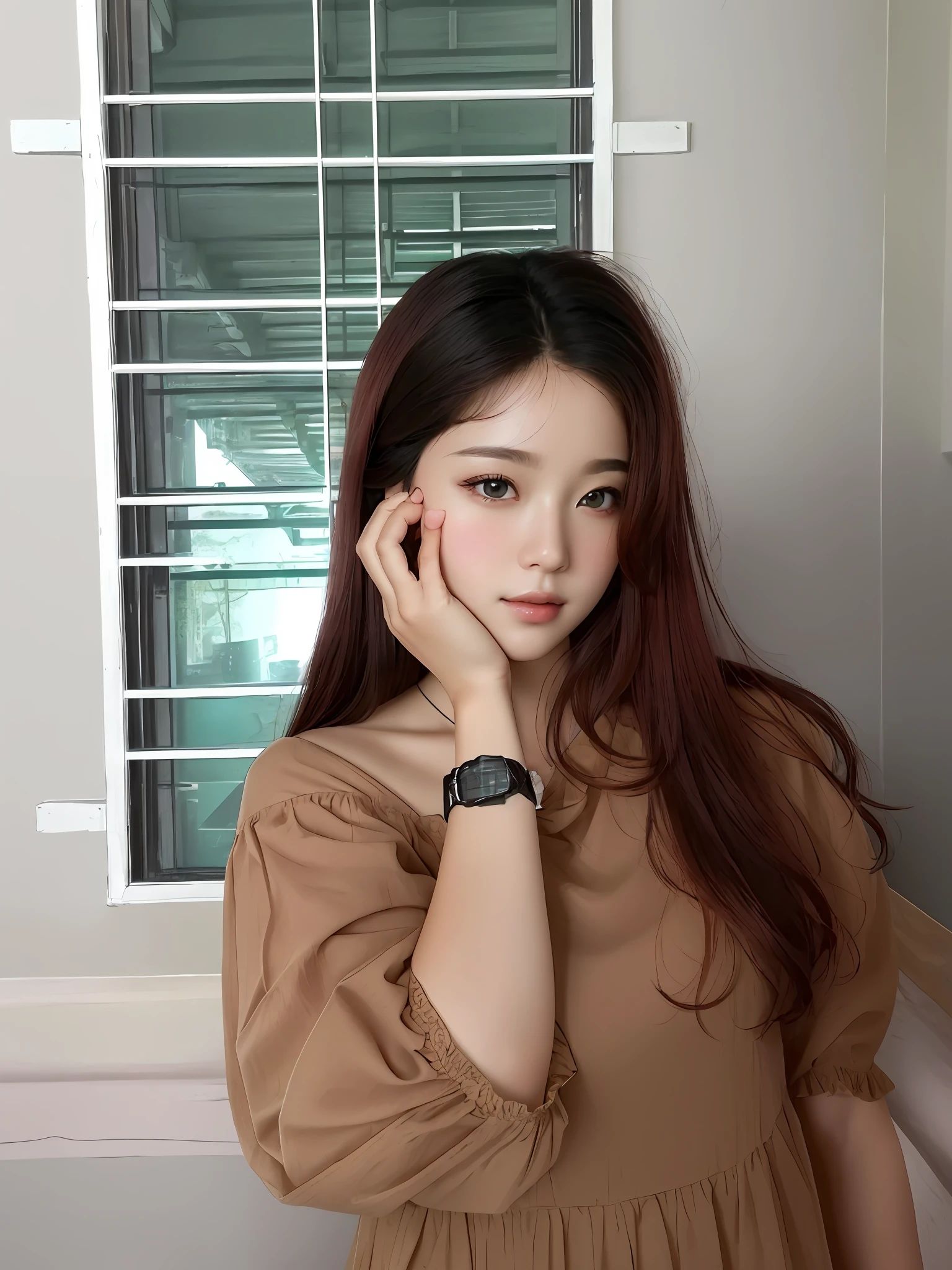 absurdres, 1girl, star eye, blush, (realistic:1.5), (masterpiece, Extremely detailed CG unity 8k wallpaper, best quality, highres:1.2), (ultra_detailed, UHD:1.2), (pixiv:1.3), perfect illumination, distinct, (bishoujo:1.2), looking at viewer, unreal engine, sidelighting, perfect face, detailed face, beautiful eyes, pretty face, (bright skin:1.3), idol, (abs), ulzzang-6500-v1.1, soft smile, upper body, (dark red hair), (simple background), ((dark background)), (depth of field), close-up, selfie