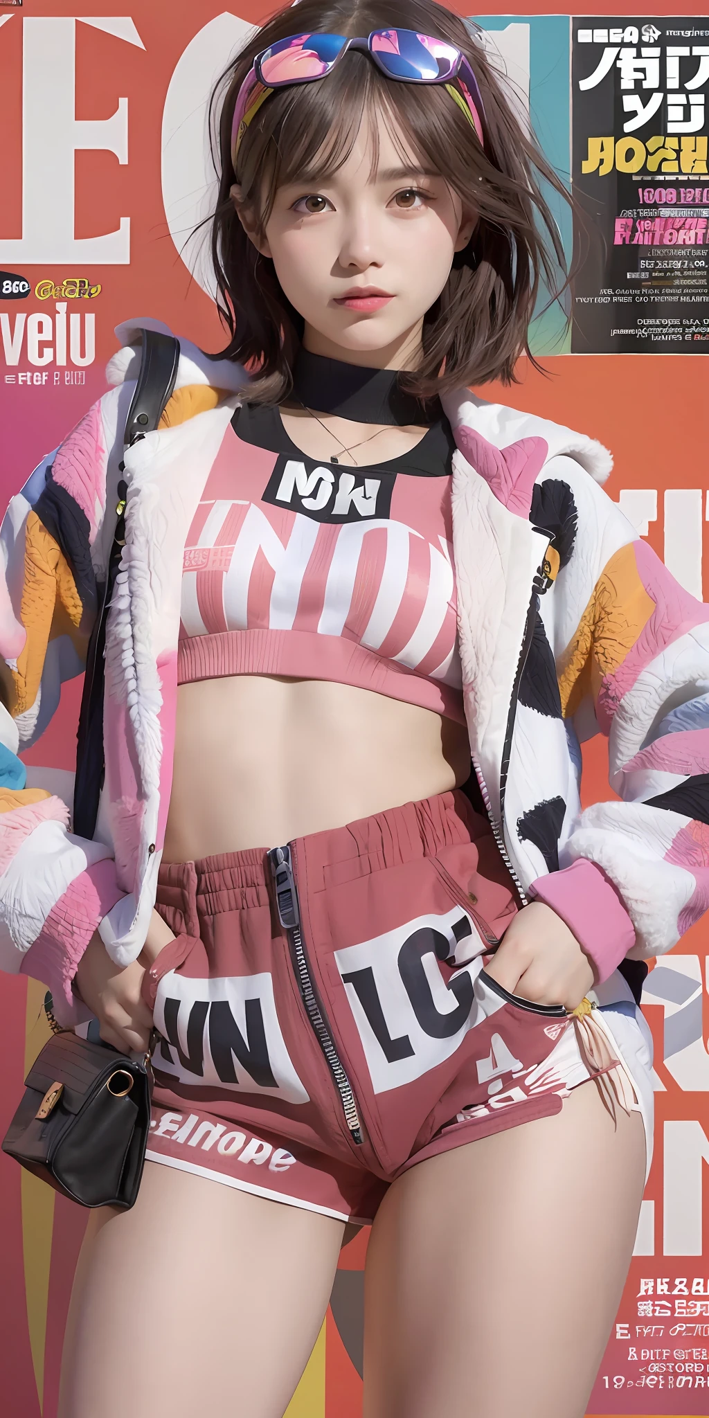 1girl, sfw, cap, shorts, jacket, (Magazine cover-style illustration of a fashionable woman in vibrant outfit posing in front of a colorful and dynamic background. She has a confident expression and is striking a pose. The text on the cover should be bold and attention-grabbing, with the title of the magazine and a catchy headline. The overall style should be modern and trendy, with a focus on fashion and lifestyle), wallpaper, crowds, fashion, contrapposto, female focus, model, cool