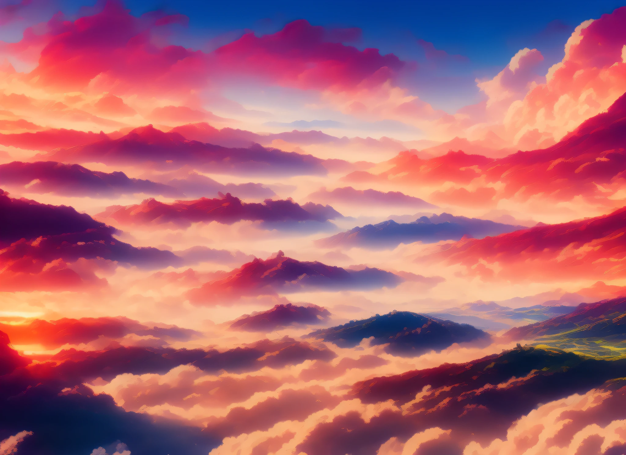Anime style discodifland, fluffy clouds, oil on canvas, painting brushstrokes, intense crimson sunset