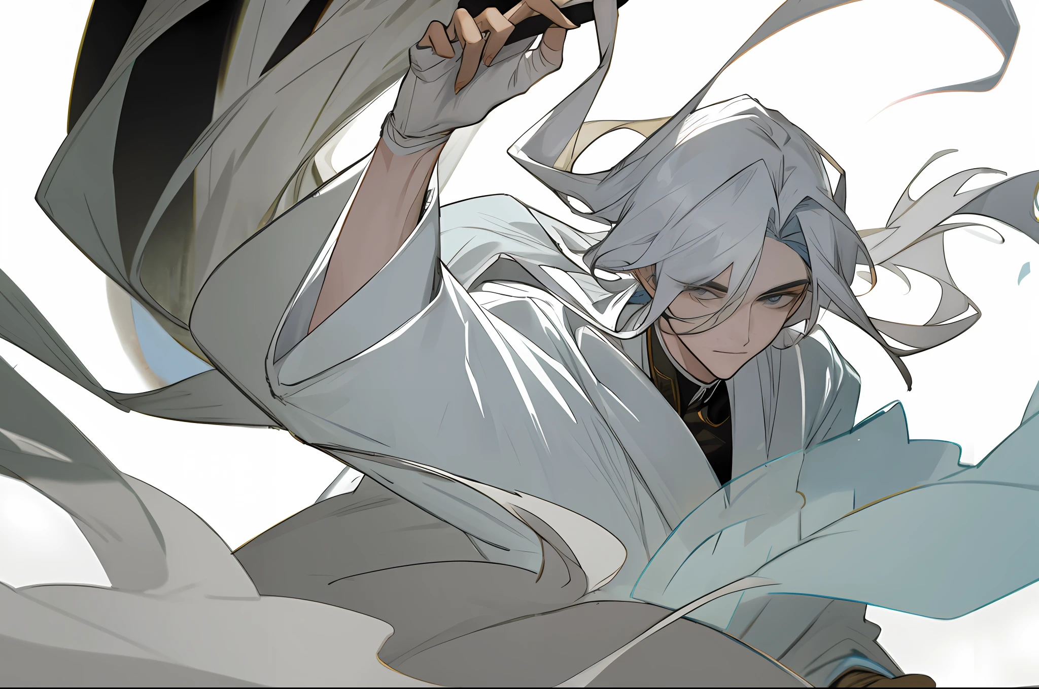 (A blind cool sense of beautiful young man wearing white clothes), flowing sleeves, big watery eyes, (blinded folded,white blindfolded), beautiful face and smooth white skin, delicate face, fluttering black hair, an ancient Chinese handsome guy, wearing ancient Chinese clothing, flowing tulle, light silk,(clean background), ink painting style, clean color, decisive cutting, blank, freehand, masterpiece, super detailed, epic composition, high quality, the highest quality, 4k