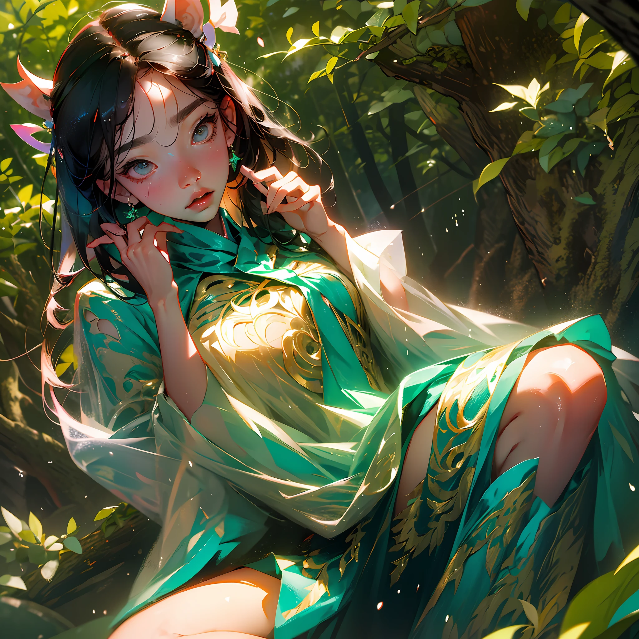 a asian succubus is crouching in the forest looking at me, her long hair is flying in the wind, her sexy body is wet with sweat, her transparent dress shows her beautiful body --auto --s2