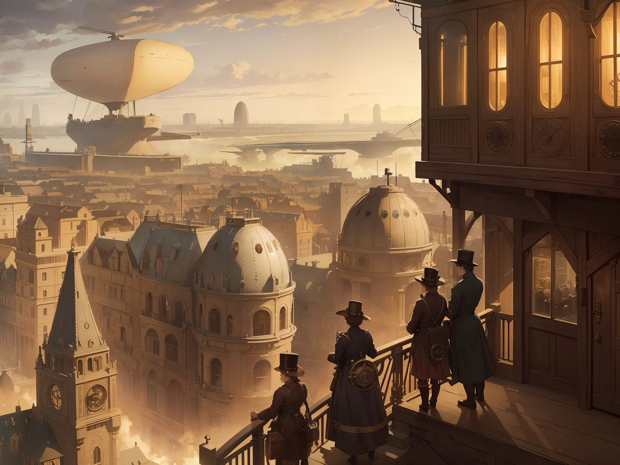 (19th century workers:1.2, airships:1.3, zeppelins:1.3, steampunk cityscape:1.2),sepia tone, lower contrast, wide shot, warm light, aged paper texture.