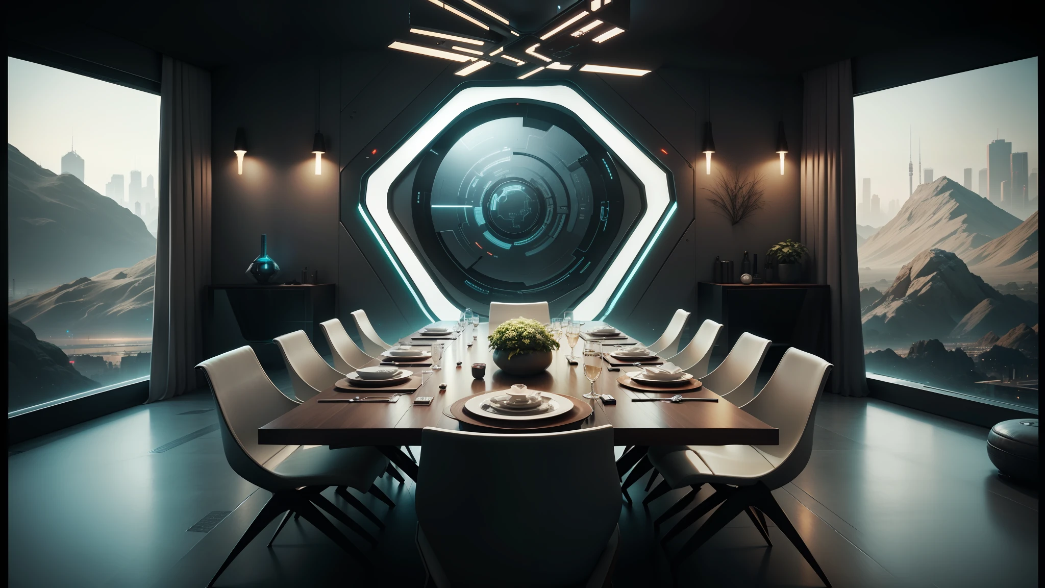 there is a dining room with a table and chairs and a large window, futuristic decor, futuristic room background, futuristic decoration, futuristic interior, cgsociety 9, in a cyberpunk themed room, cyberpunk apartment, futuristic room, solarpunk cantine, futuristic persian palace, sci - fi interior, futuristic. game cg, cyberpunk interior, symmetrical. sci - fi --auto --s2