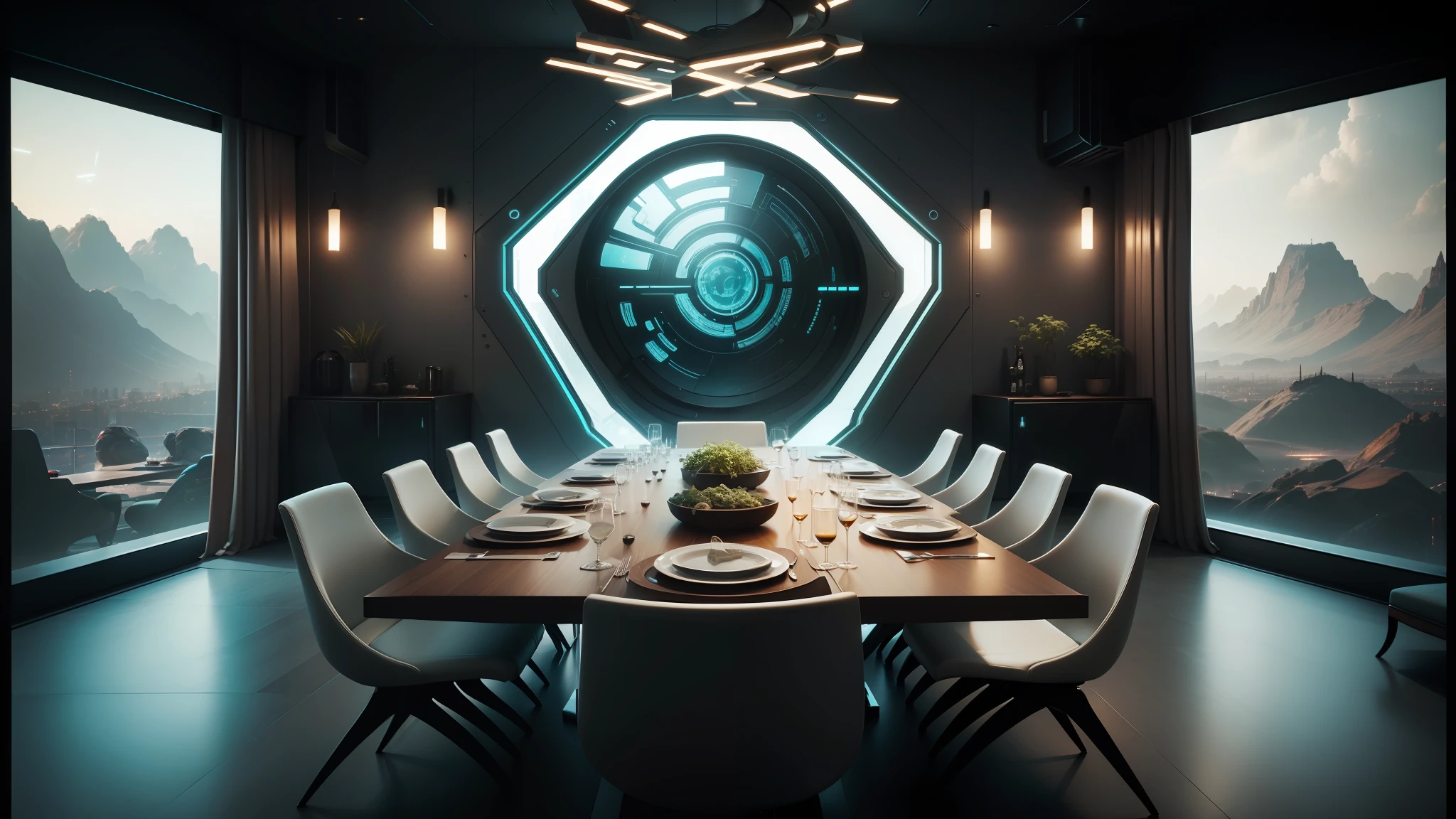 there is a dining room with a table and chairs and a large window, futuristic decor, futuristic room background, futuristic decoration, futuristic interior, cgsociety 9, in a cyberpunk themed room, cyberpunk apartment, futuristic room, solarpunk cantine, futuristic persian palace, sci - fi interior, futuristic. game cg, cyberpunk interior, symmetrical. sci - fi --auto --s2