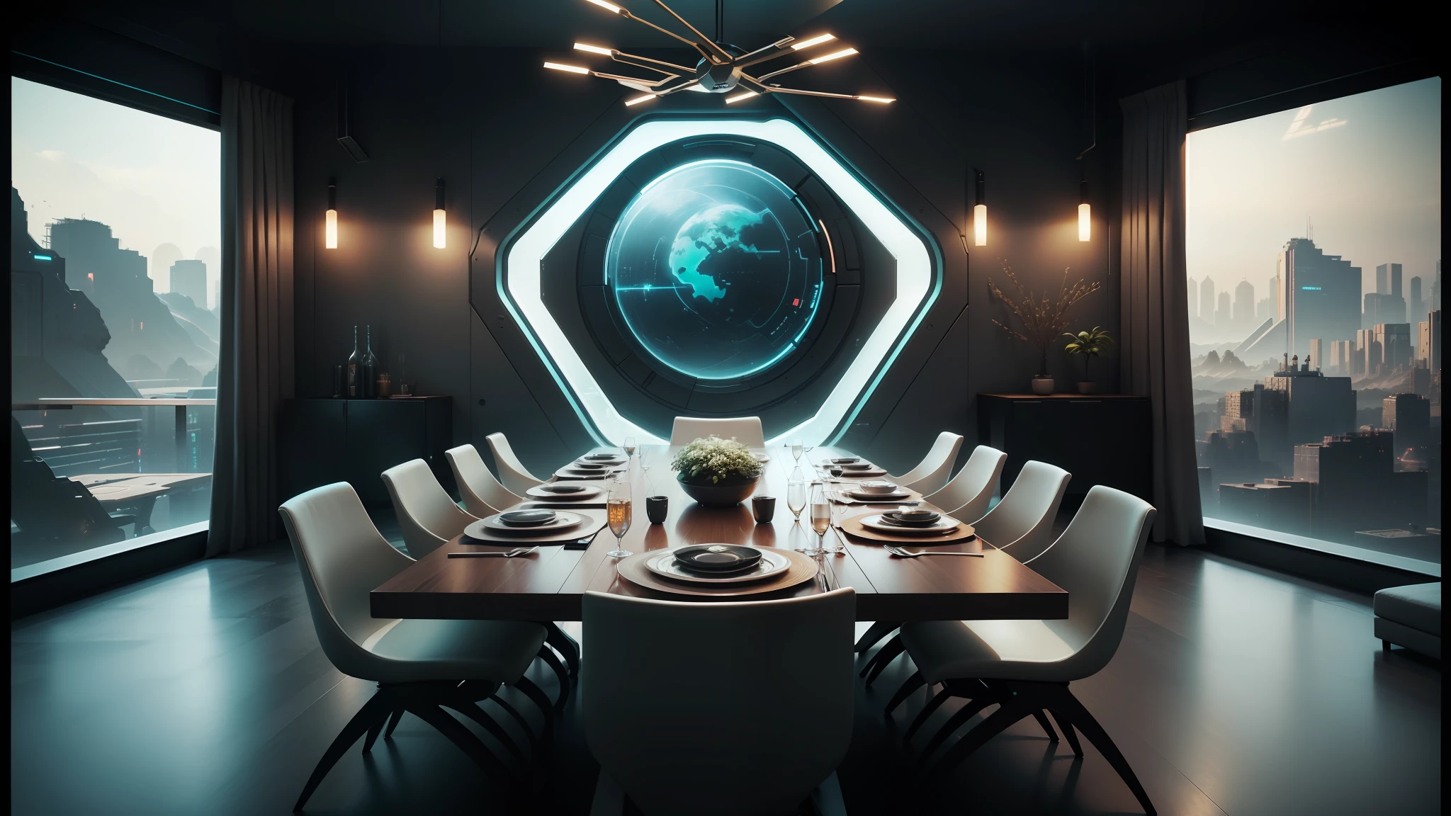 there is a dining room with a table and chairs and a large window, futuristic decor, futuristic room background, futuristic decoration, futuristic interior, cgsociety 9, in a cyberpunk themed room, cyberpunk apartment, futuristic room, solarpunk cantine, futuristic persian palace, sci - fi interior, futuristic. game cg, cyberpunk interior, symmetrical. sci - fi --auto --s2