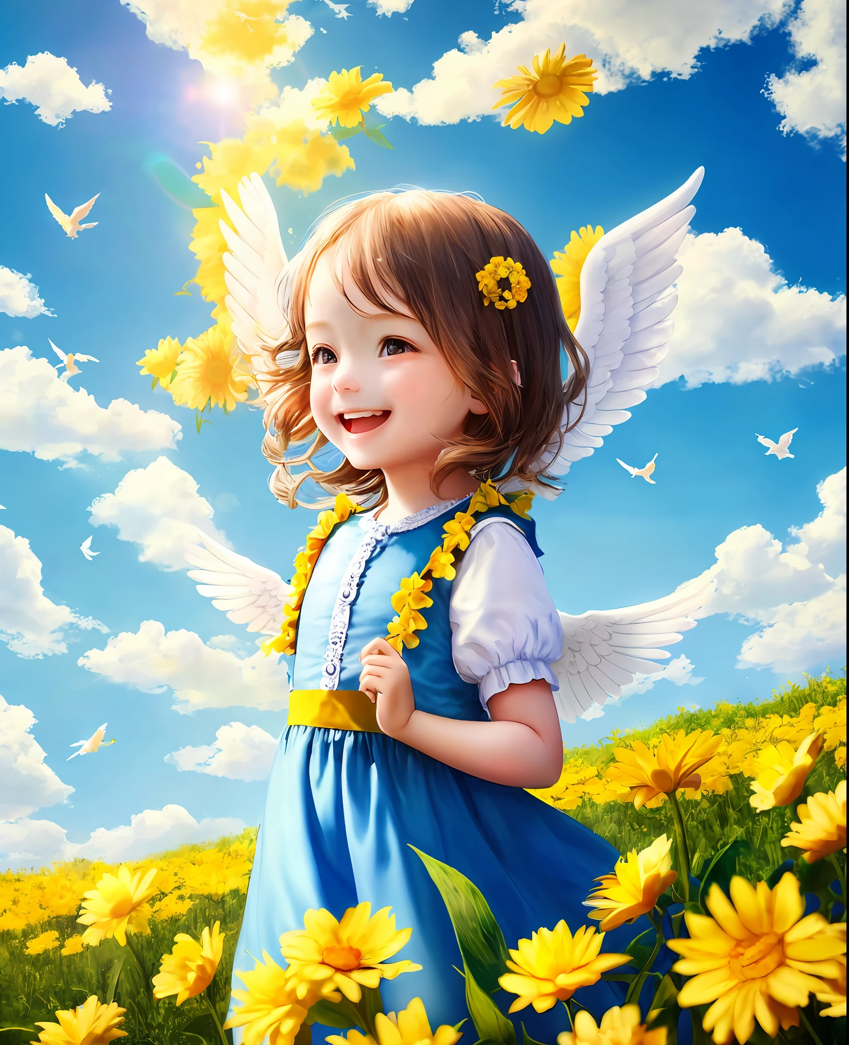 A  girl, 3 years  wings, flew into the sky, elves, cherubs, sunshine, wonderful, smiling, happy, innocent, blue sky and white clouds, enjoying a lovely spring outing surrounded by beautiful yellow flowers and nature