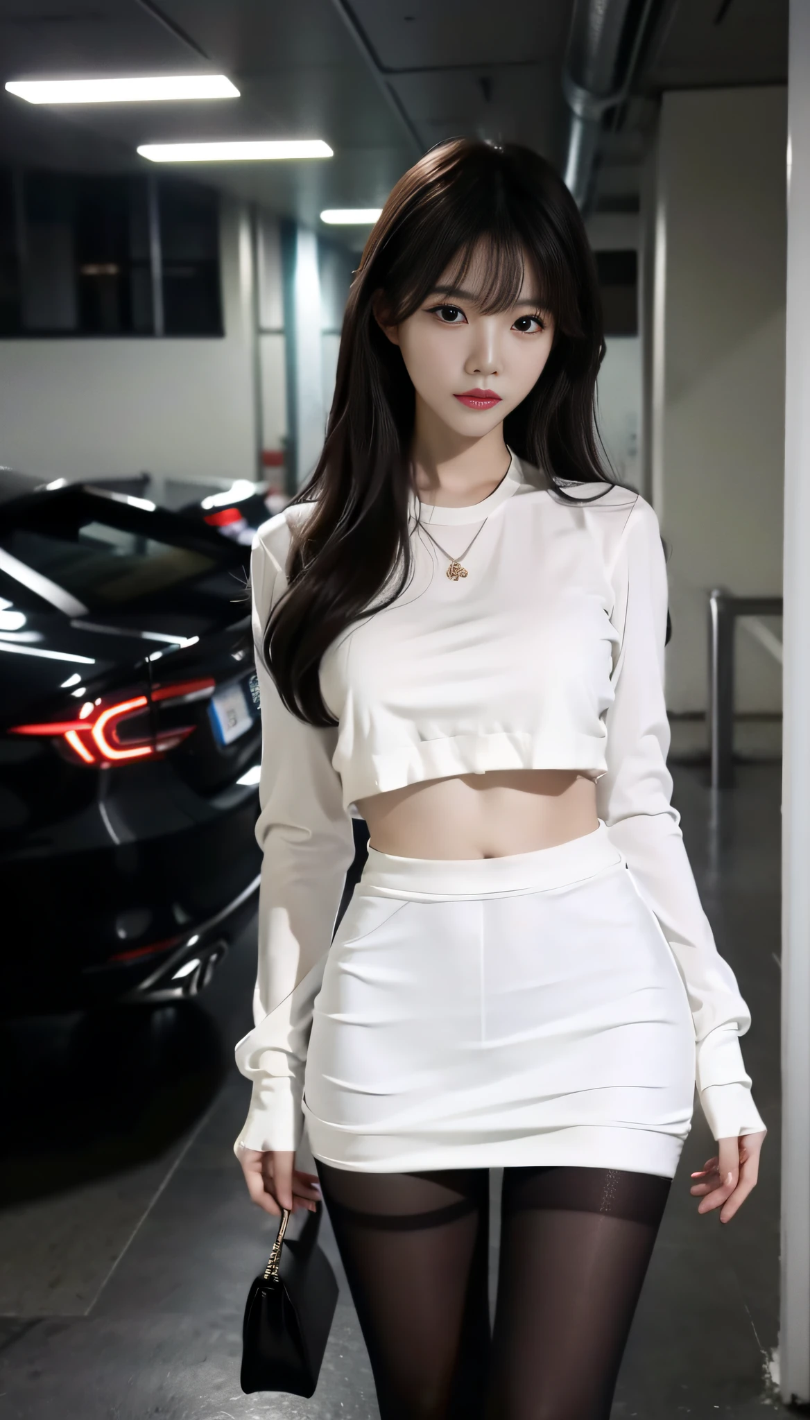 A Korean woman in an underground parking lot, fluffy hair, delicate face, realistic, real, large aperture, wearing black pantyhose, white top, slim,