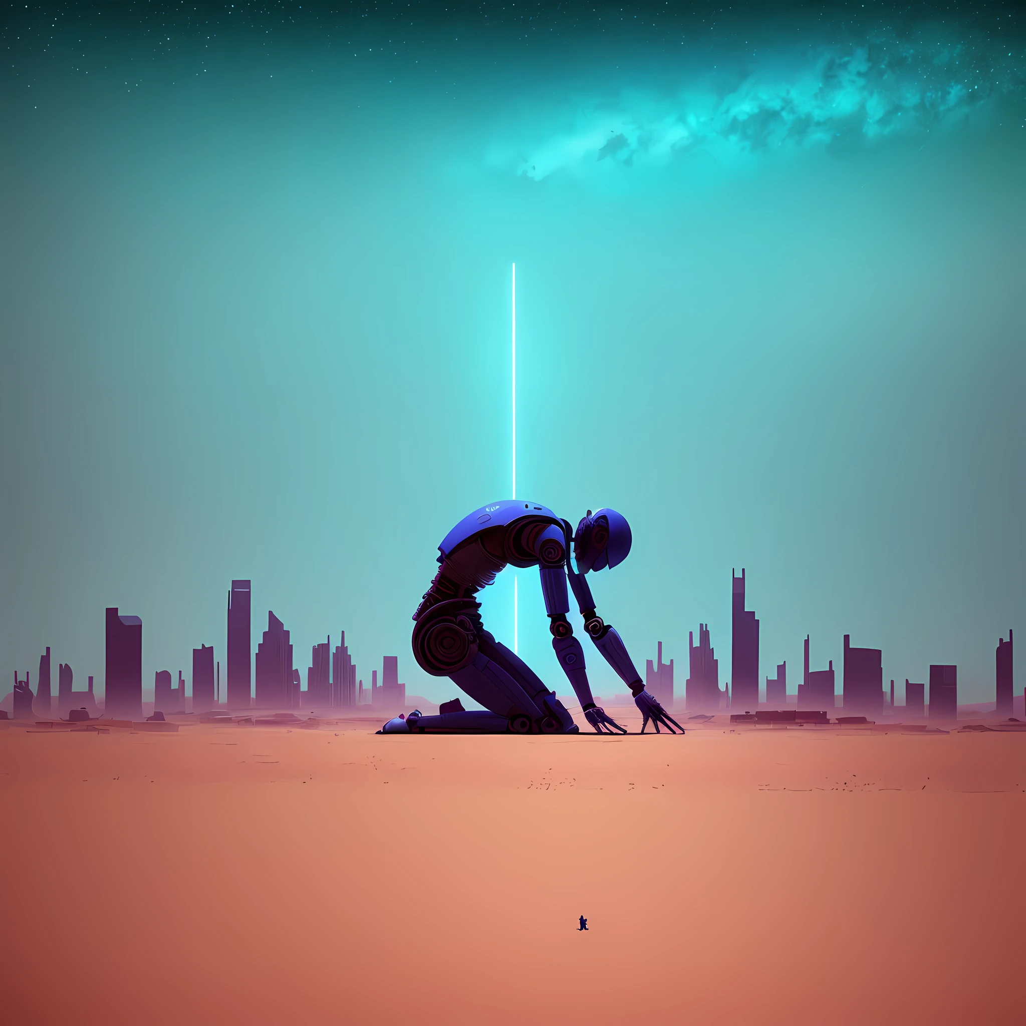 there's a perforation-filled human robot that's falling to its knees in the dying sand, desert with city on the daytime horizon, dystopian digital art, city in the desert, futuristic in the desert, 4k comic book wallpaper, inspired by Mike Winkelmann, David Bowie, and Simon Stålenhag, future of this, bleak. Digital illustration, Desert City, Blue 4K wallpaper, blue-toned image with colors of Muse album cover Black Holes & Revelations