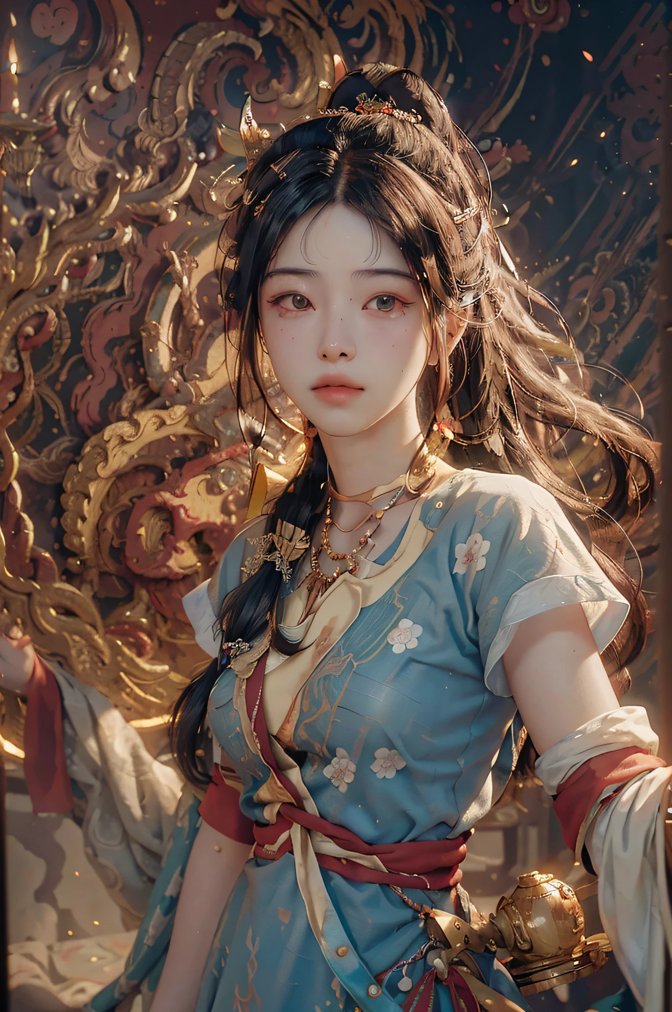(RAW photo, best quality), (realistic, photo-realistic:1.3),best quality,highly detailed,masterpiece,ultra-detailed,illustration,1girl,upper_body,dynamic angle,world masterpiece theater,messy_long_hair,best quality,extremely detailed CG unity 8k wallpaper,ink,Amazing,cinematic lighting,lens_flare, dunhuang_style