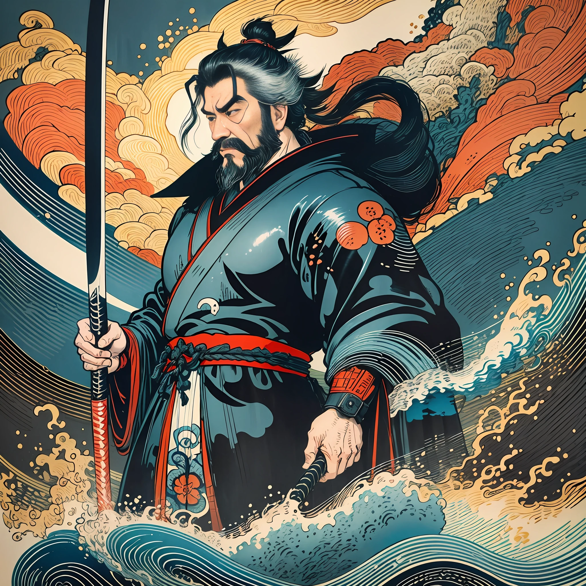 It is a full-body painting with natural colors with Katsushika Hokusai-style line drawings. The swordsman Miyamoto Musashi has a big body like a strongman. Samurai of Japan. With a dignified but manly expression of determination, he confronts evil spirits. He has black short hair and a short, trimmed beard. His upper body is covered with a jet black kimono with a glossy texture, and his hakama is knee-long. In his right hand he holds a Japan sword with a longer sword part. In the highest quality, masterpiece high resolution ukiyo-e style lightning and swirling flames. Among them, Miyamoto Musashi is standing with his back straight, facing the front.