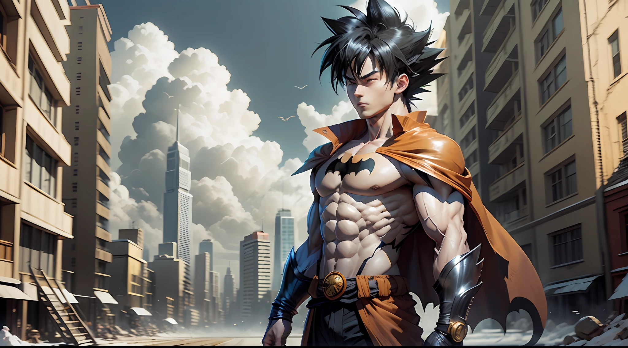 Goku with Batman's outfit in ghotam city, photo --auto --s2