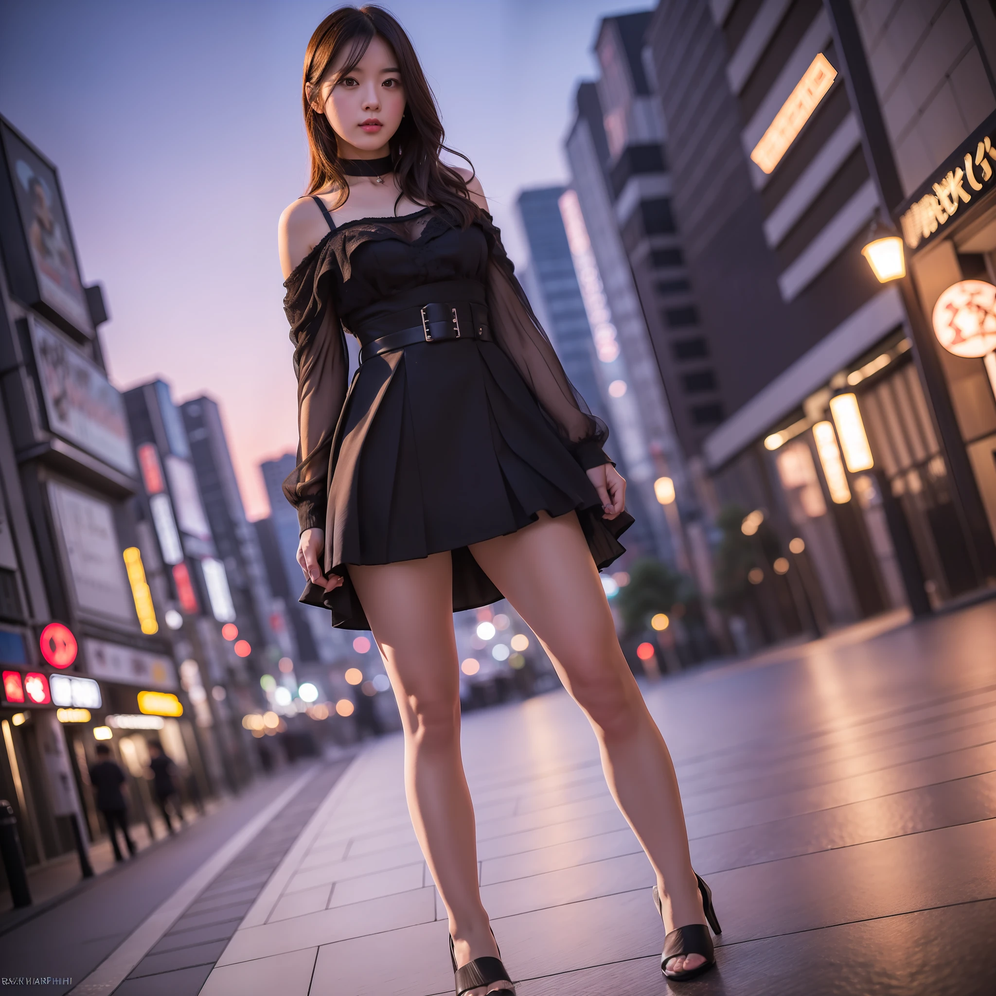 Top Quality, Masterpiece, Ultra High Resolution, (Photorealistic: 1.4), Raw Photo, 1 Girl, Dark Hair, Dramatic Lighting, Tokyo Tower Front, Night, Tokyo Tower One, Full Body