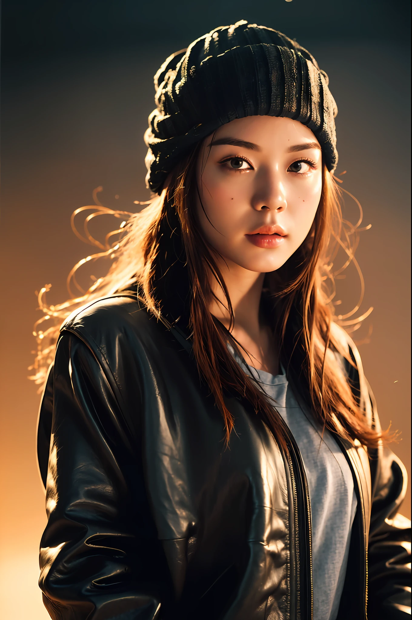 (
(8k:1.27), best quality, masterpiece, ultra highres:1.2) Photo of Pretty Japanese woman
(beautiful:1.1) (sci-fi warrior woman:1.1) space soldier, (beanie:1.61) (leather jacket:1.21) intricate elegant, fantasy, detailed, ometric by greg rutkowski and alphonse mucha, gradient lighting