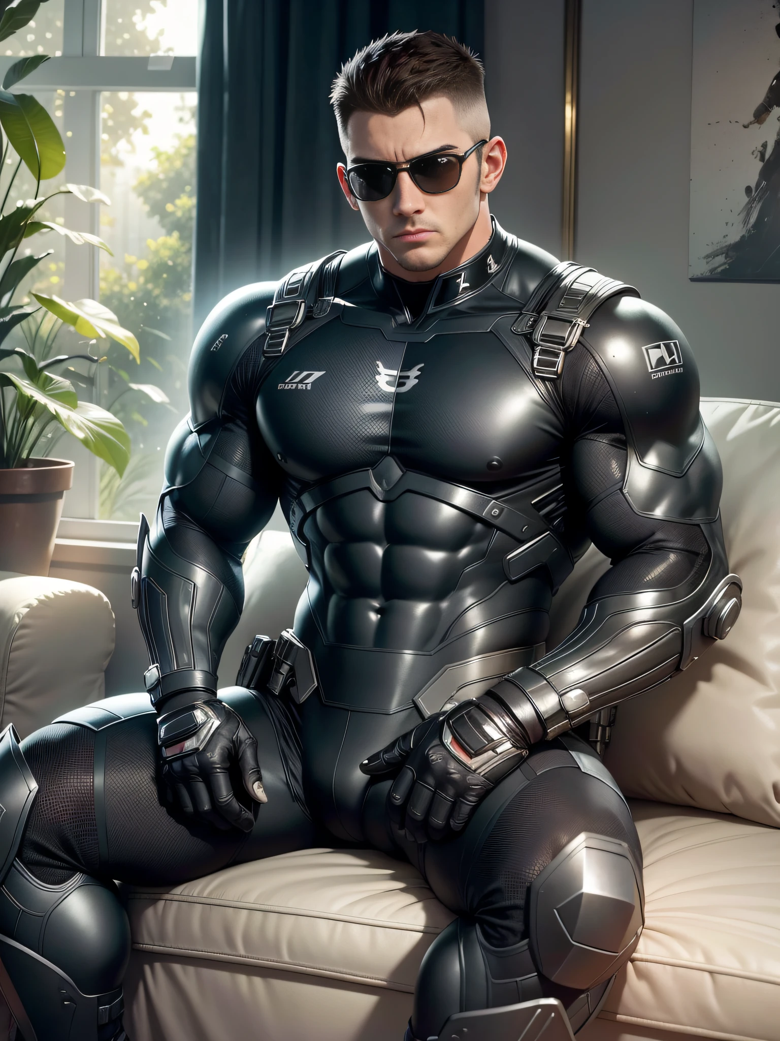 Allad man in white and black clothes sitting on a soft sofa in a luxurious and spacious bedroom, American round inch, Buzz Cut, muscle male hero, heroic male pose, muscular! Wearing black sunglasses, round head Buzz Cut, stealth suit, super buff and cool, high resolution committee, Chris Redfield, character design cop, black military boots, charismatic strong male with armor, sunlight shining through the window, peaceful atmosphere in the afternoon