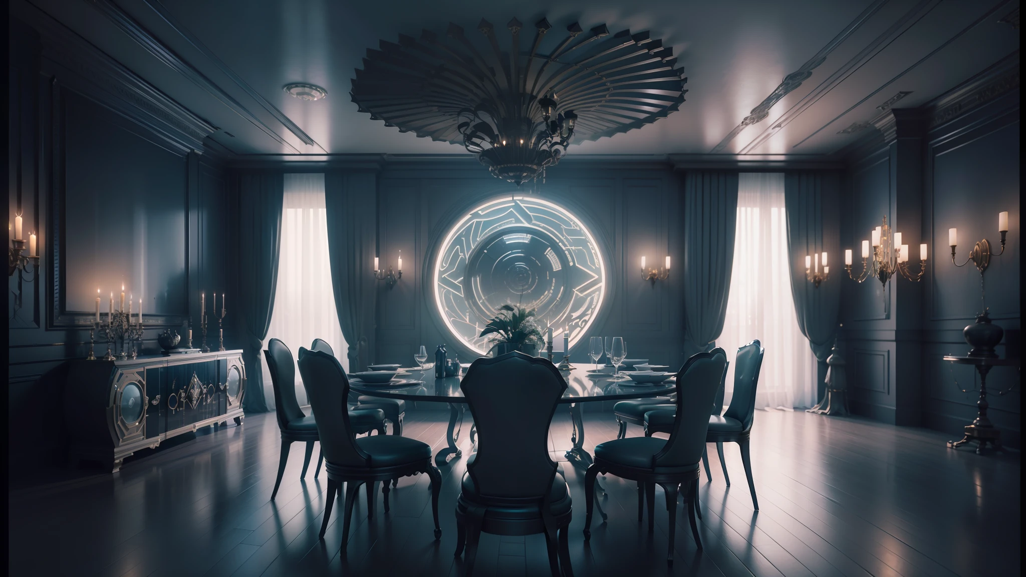 there is a dining room with a table and chairs and a chandelier, cgsociety 9, futuristic persian palace, cgsociety unreal engine, redshift houdini, futuristic. game cg, unreal engine cinema4d, ornate cyberpunk interior, hyperrealistic symmetrical 8k, rene lalique and eddie mendoza, cinematic unreal 5, cinematic smooth unreal engine --auto --s2