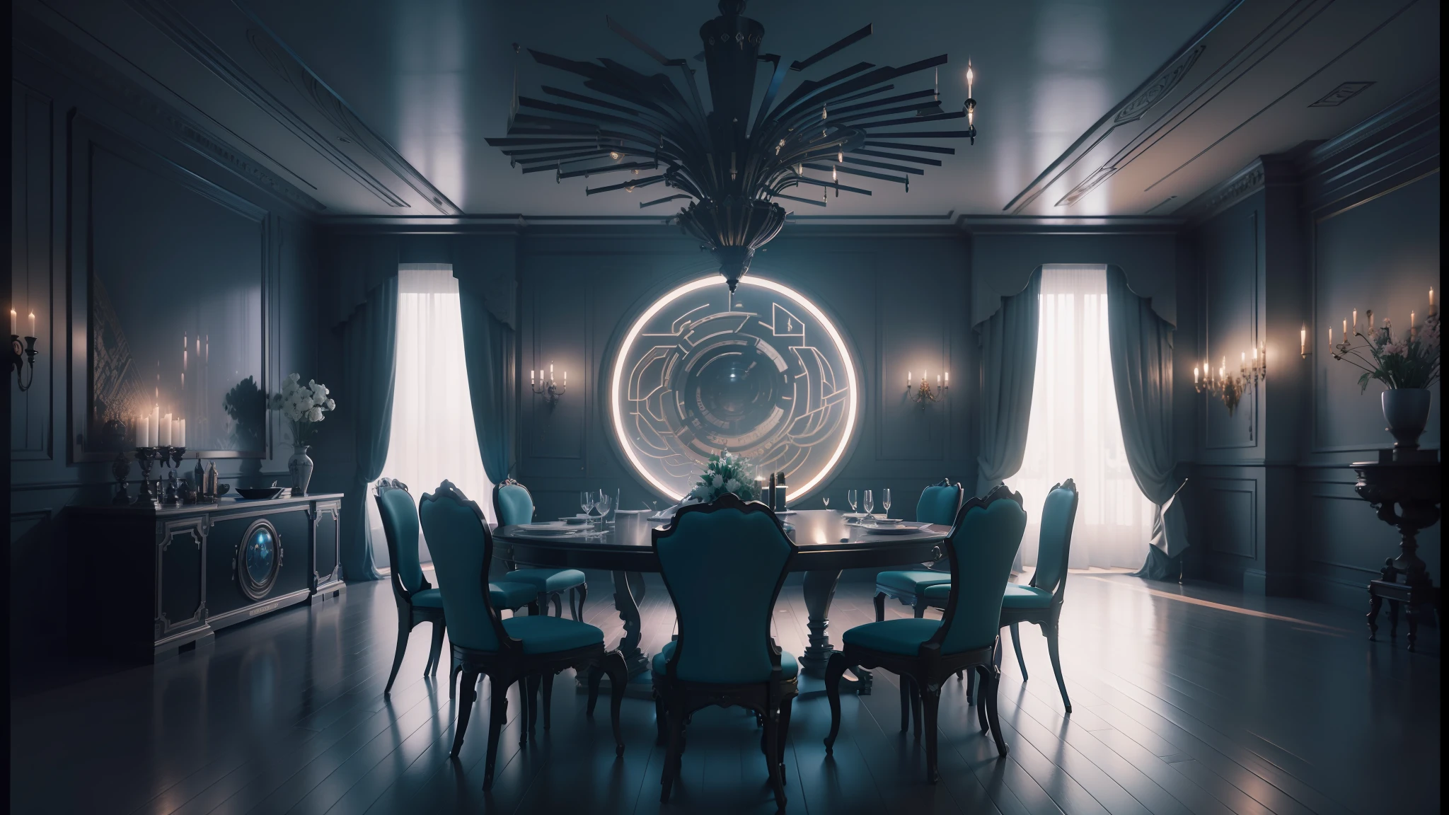 there is a dining room with a table and chairs and a chandelier, cgsociety 9, futuristic persian palace, cgsociety unreal engine, redshift houdini, futuristic. game cg, unreal engine cinema4d, ornate cyberpunk interior, hyperrealistic symmetrical 8k, rene lalique and eddie mendoza, cinematic unreal 5, cinematic smooth unreal engine --auto --s2