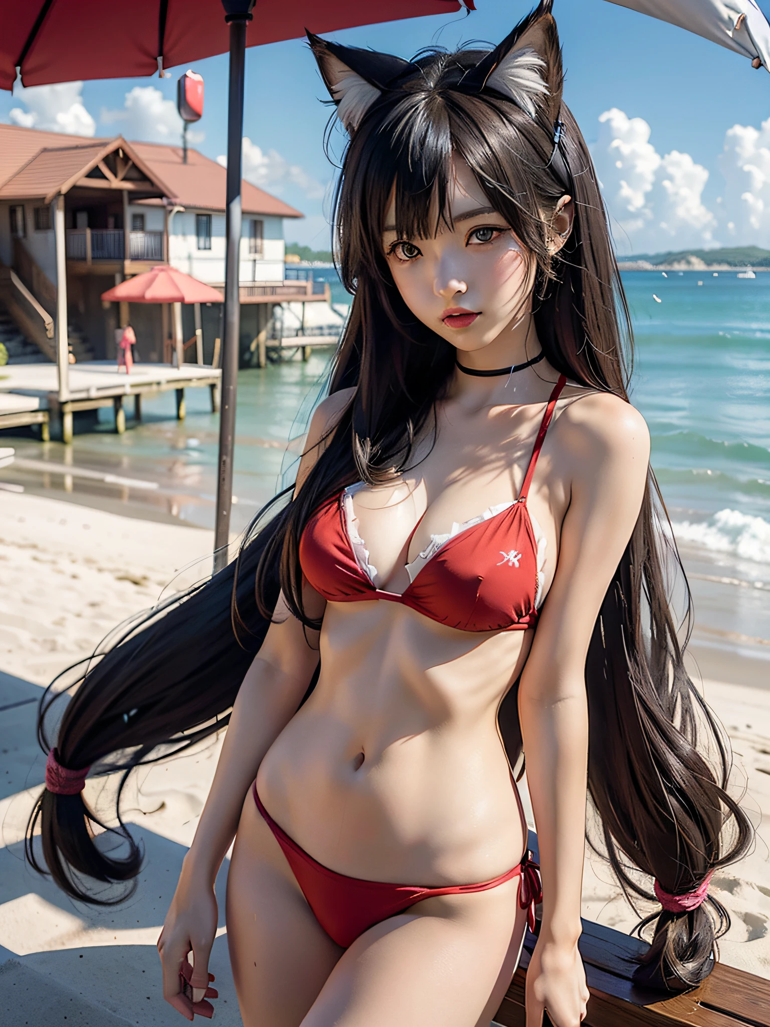 Anime girl with cat ears on seaside beach, beautiful anime cat girl, red bikini, anime girl, very beautiful anime girl, charming cat girl, anime cat girl, cute anime cat girl, from the front line of girls, girls, girls, Kantai collection style, holo is a wolf girl, fine details. Girls Frontline