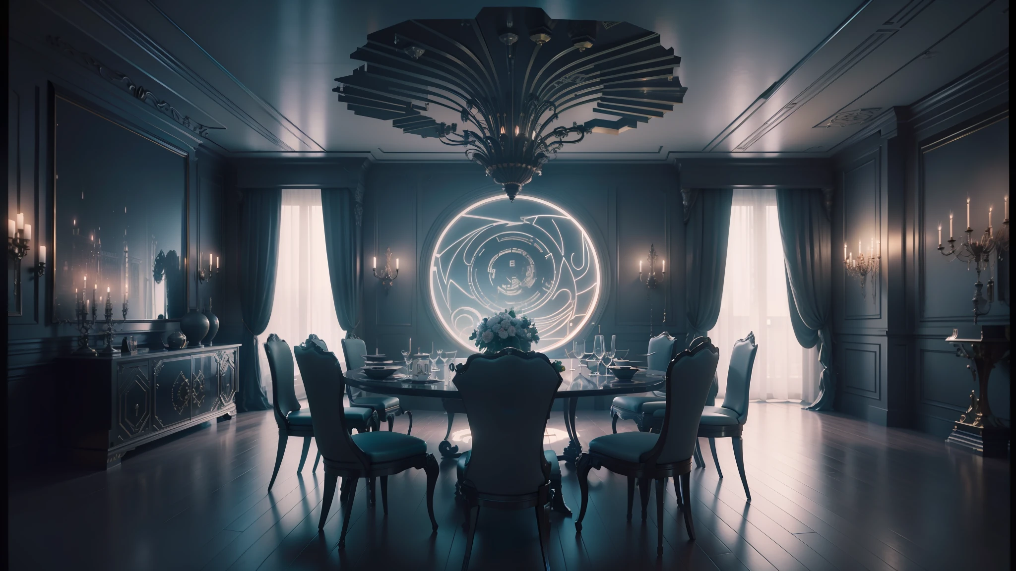 there is a dining room with a table and chairs and a chandelier, cgsociety 9, futuristic persian palace, cgsociety unreal engine, redshift houdini, futuristic. game cg, unreal engine cinema4d, ornate cyberpunk interior, hyperrealistic symmetrical 8k, rene lalique and eddie mendoza, cinematic unreal 5, cinematic smooth unreal engine --auto --s2