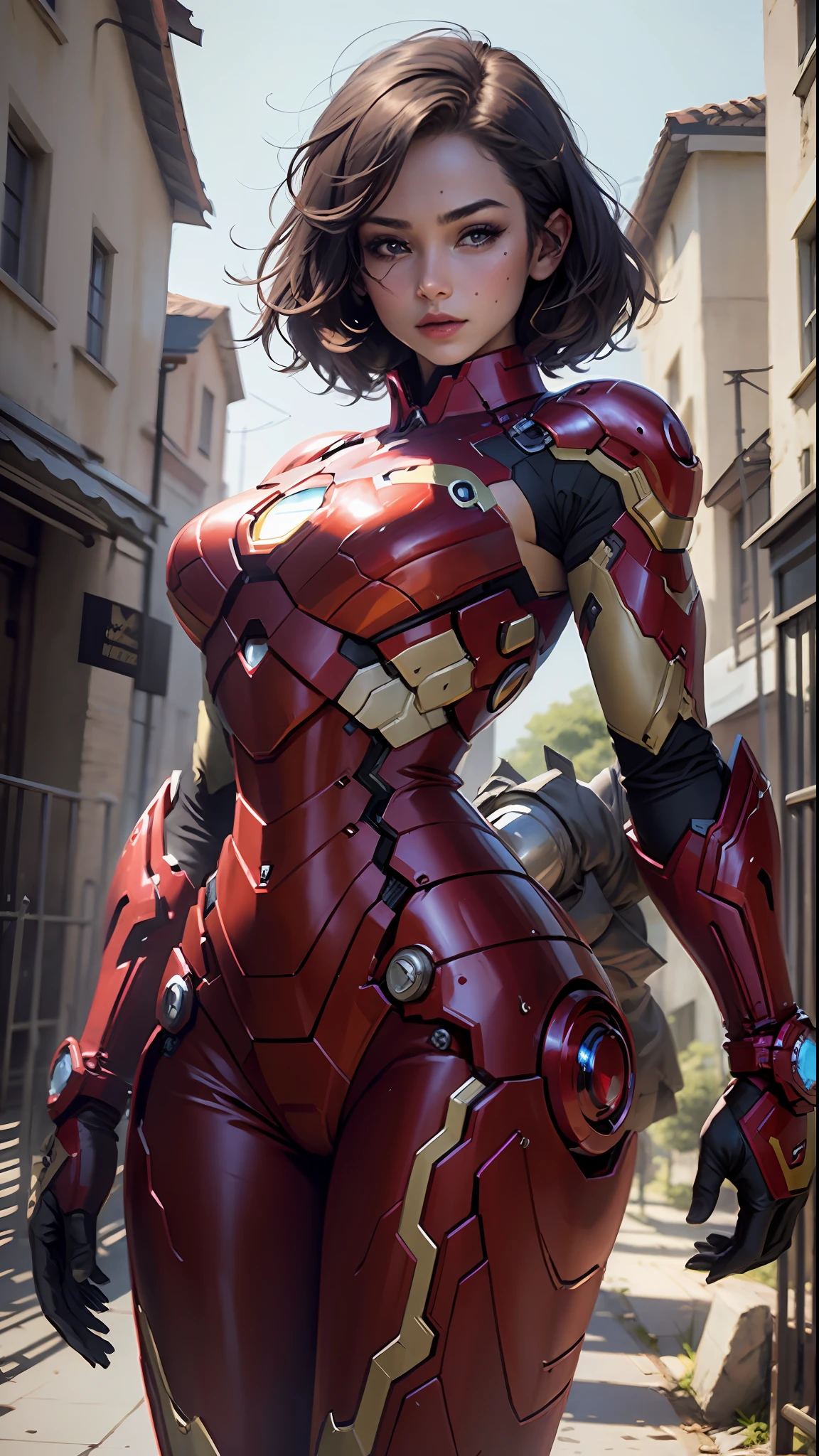 Beautiful woman with short hair identified body with big breasts, wears Iron Man cosplay