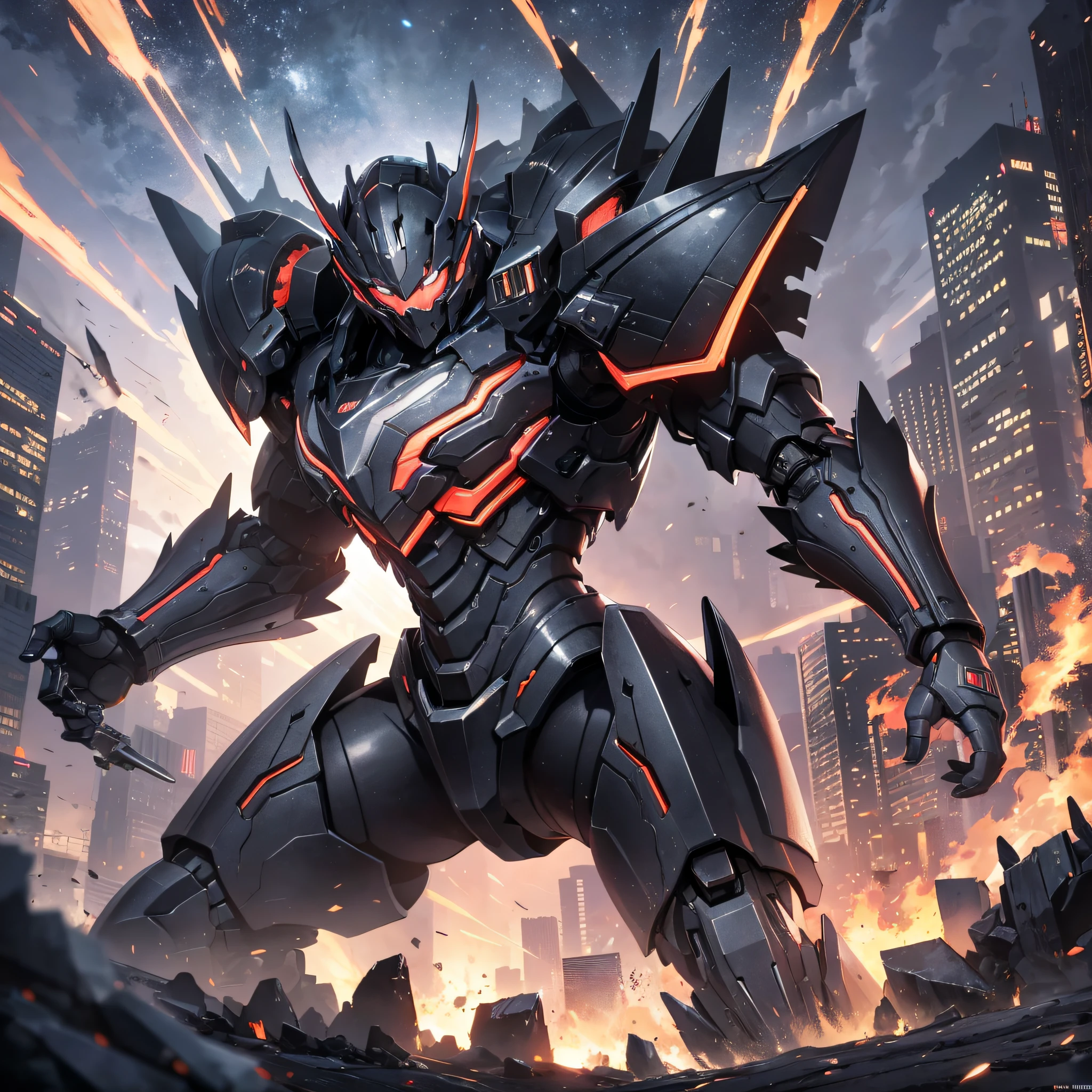 Absurd resolution, high resolution, (masterpiece: 1.4), hyper-detail, night, a mech, dark night black armor, battle, monster, attack, fire, shock