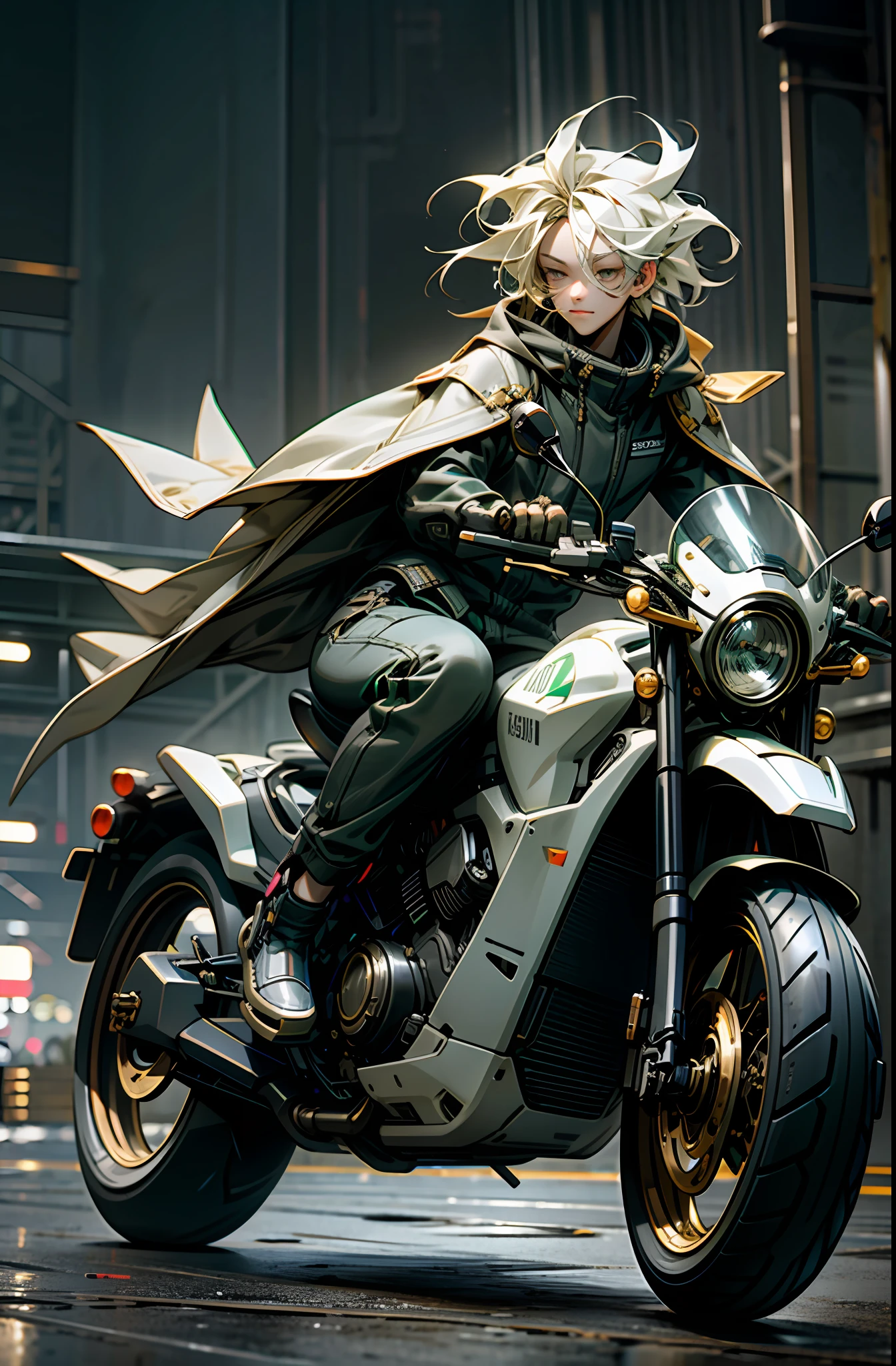 Cute boy 3D, IP,gold hair, green beautiful eyes, white coat ,
popmart style, blind box, cyberpunk, Full body,ray tracing, clay material, more details,
riding white motorcycle at night,