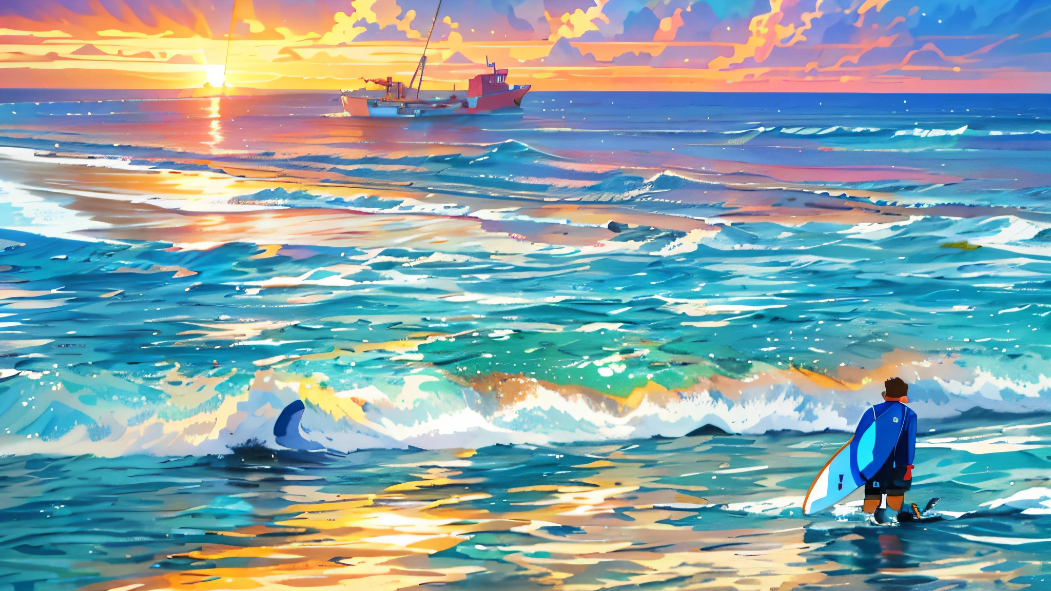 Surfer out of the water with surfboard, 4k, ashore, in the sea, ocean photos, in the sea, dredged seabed, whales emerge from the waves, surfing, in rough seas, anime boy posing for photo with surfboard, handsome young boy, guvez style artwork, ig model |artgerm, detailed digital anime art, digital anime illustration, digital animation art, realistic anime 3 d style, 3d anime realistic, inspired by WLOP --auto --s2